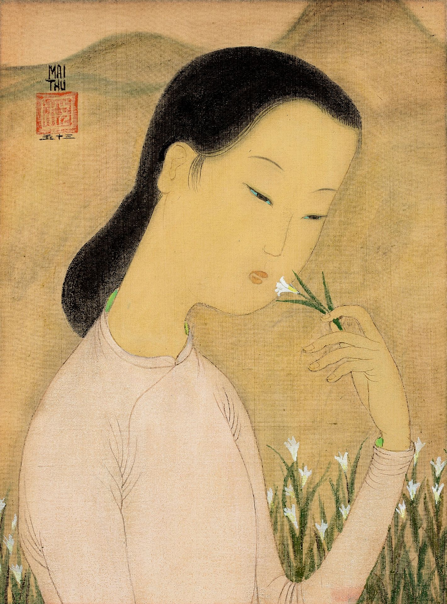 MAI trung THU (1906-1980) 
拿着花的年轻女人, 1953年

丝绸上的水墨和色彩，左上角有签名和日期，在艺术家制作的原始框架中 

2&hellip;