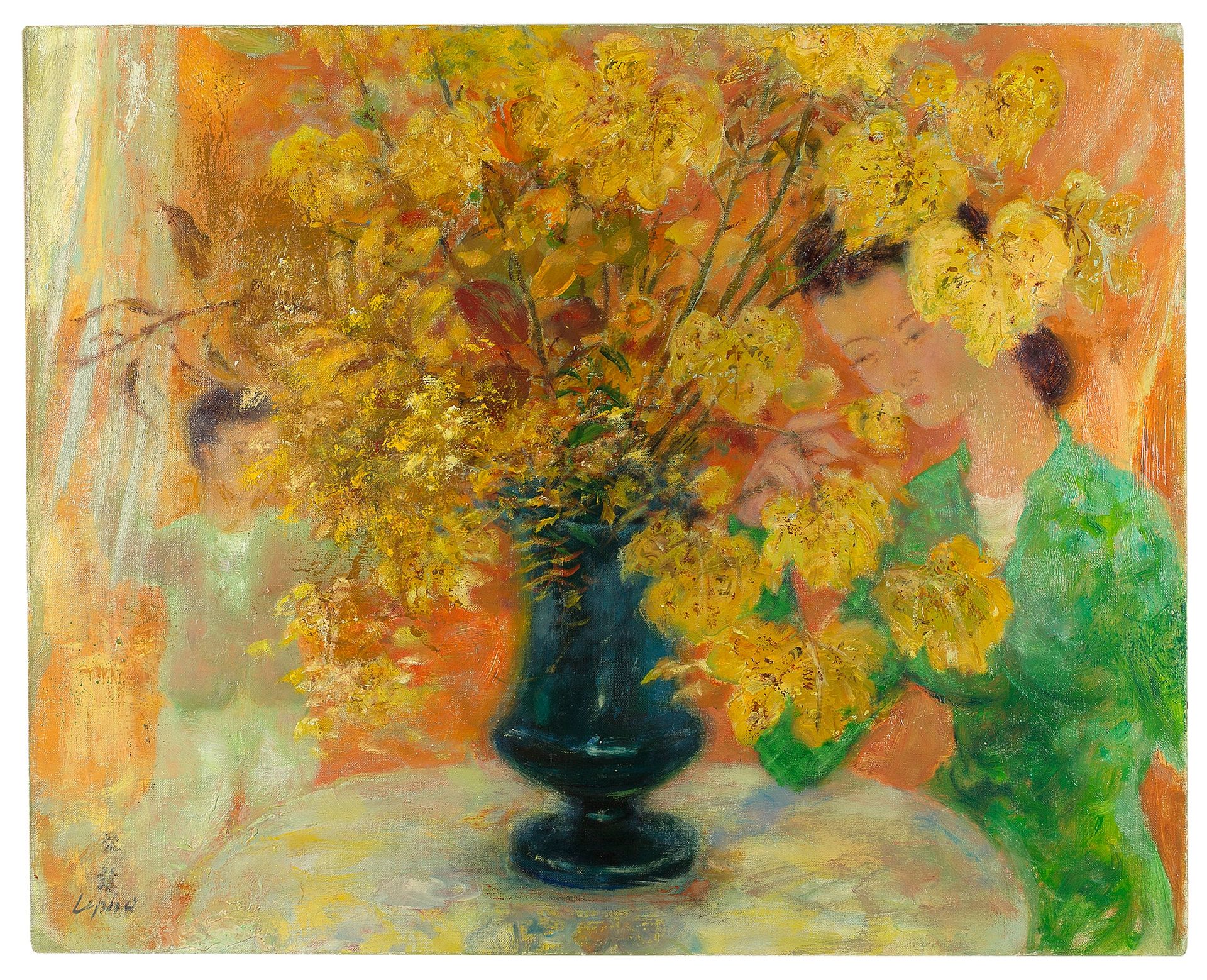 Le Pho (1907-2001) 
穿着绿色衣服的女人和孩子，桌子上有一个黄色的花束

布面油画，左下角有签名 

65.5 x 81 cm - 25 3/&hellip;