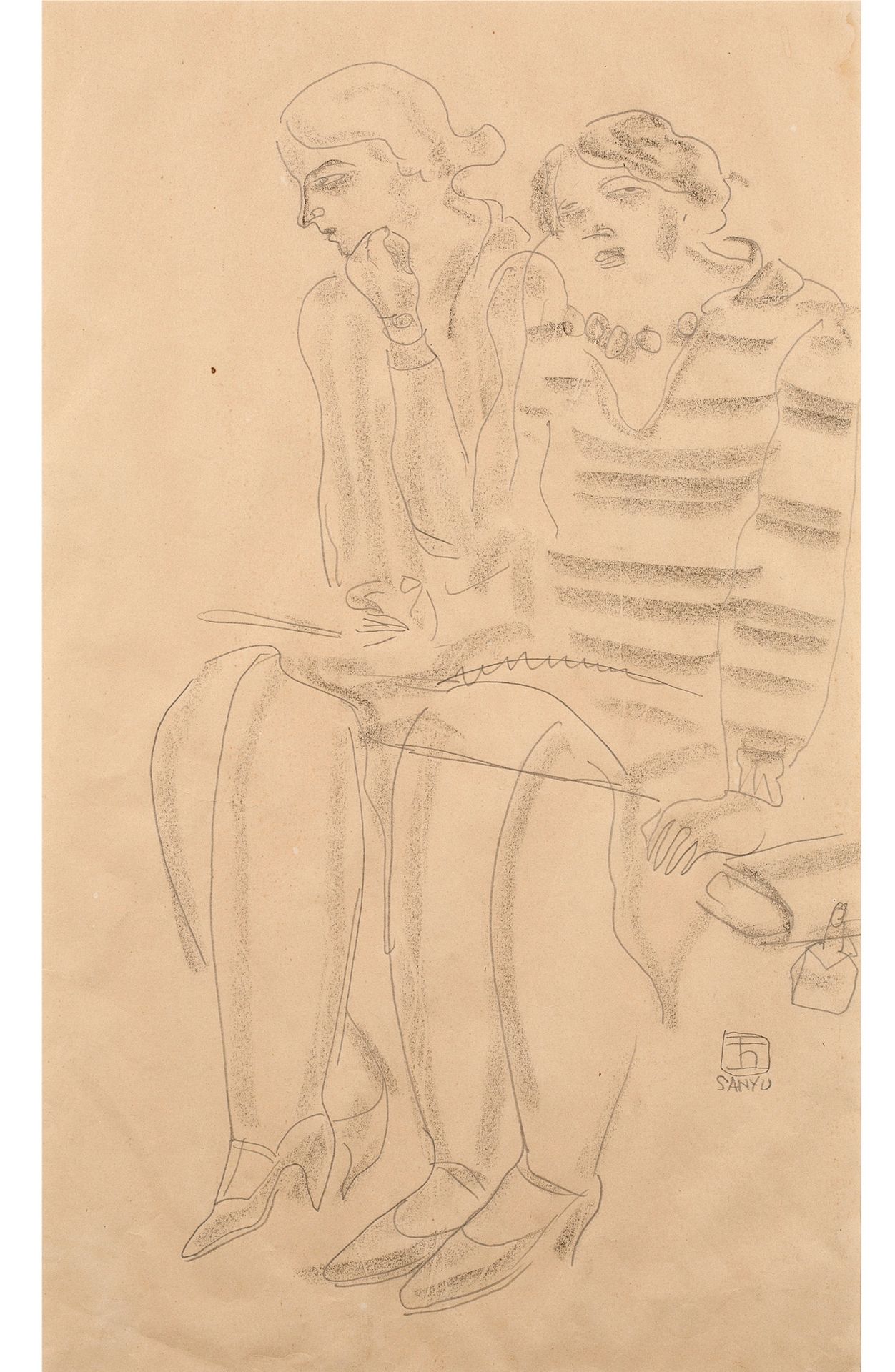 SANYU (1895-1966) 
两个坐着的女人

纸上铅笔，右下角有签名 

41.5 x 24.5厘米（见图） - 16 3/8 x 9 5/8英寸（见&hellip;