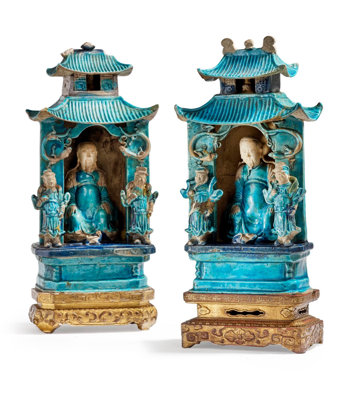 CHINE XVIIIe SIÈCLE, PÉRIODE KANGXI (1661 - 1722) 
Pair of temples in turquoise &hellip;