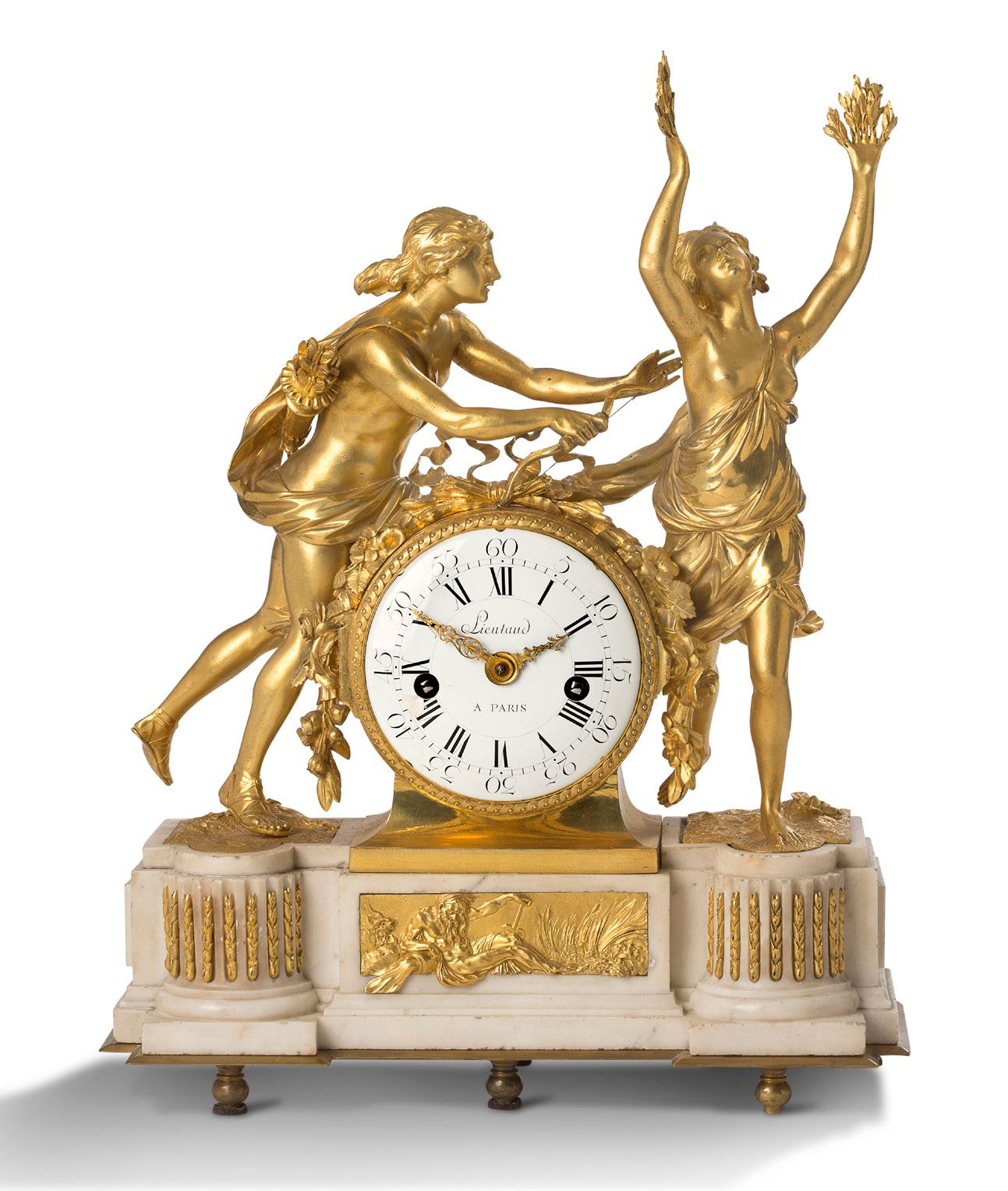 Null GRANDE PENDULE « DAPHNÉ ET APOLLON » en marbre blanc et bronze doré, groupe&hellip;