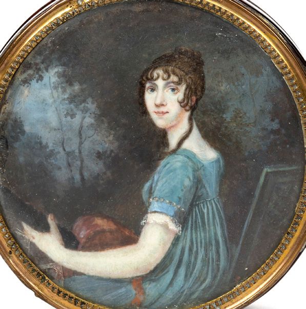 Attribué à Louis-Lié PERIN-SALBREUX (1753-1817) 一个穿着蓝色衣服的女人的肖像，在风景中四分之三的位置上弹吉他。
&hellip;