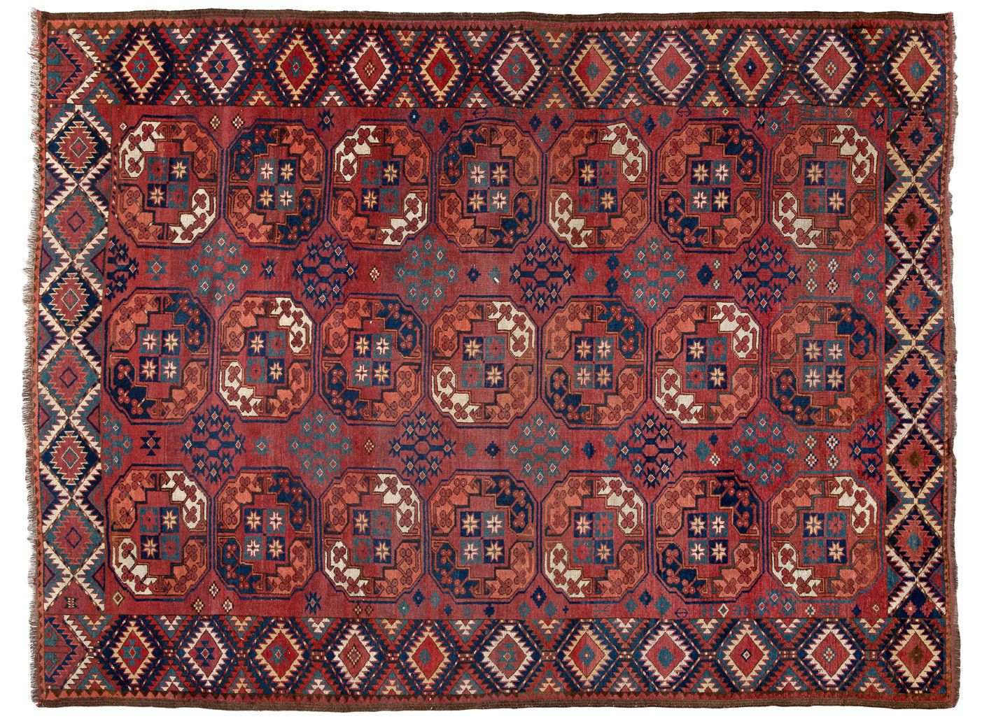 Null [RUGS]
19世纪中期重要而罕见的Ersari（土库曼）。羊毛基础上的羊毛丝绒。羊毛的质量很好。状况良好。有轻微的自然氧化现象。砖场上装饰着三排7&hellip;