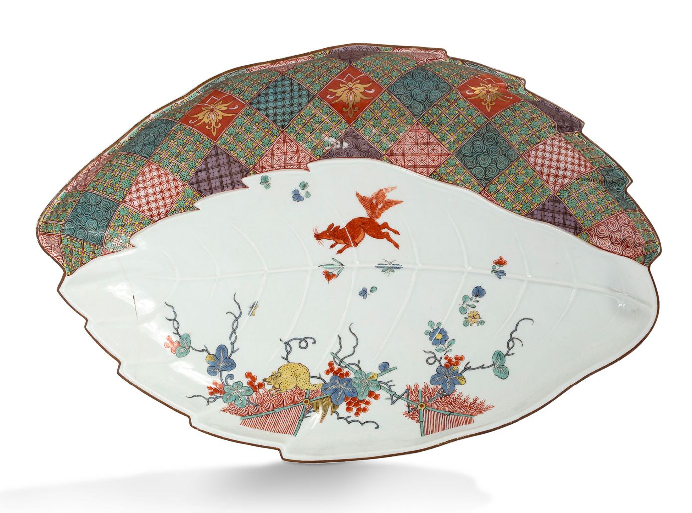 MEISSEN Oval tray in the form of two superimposed leaves with ribbing in relief &hellip;