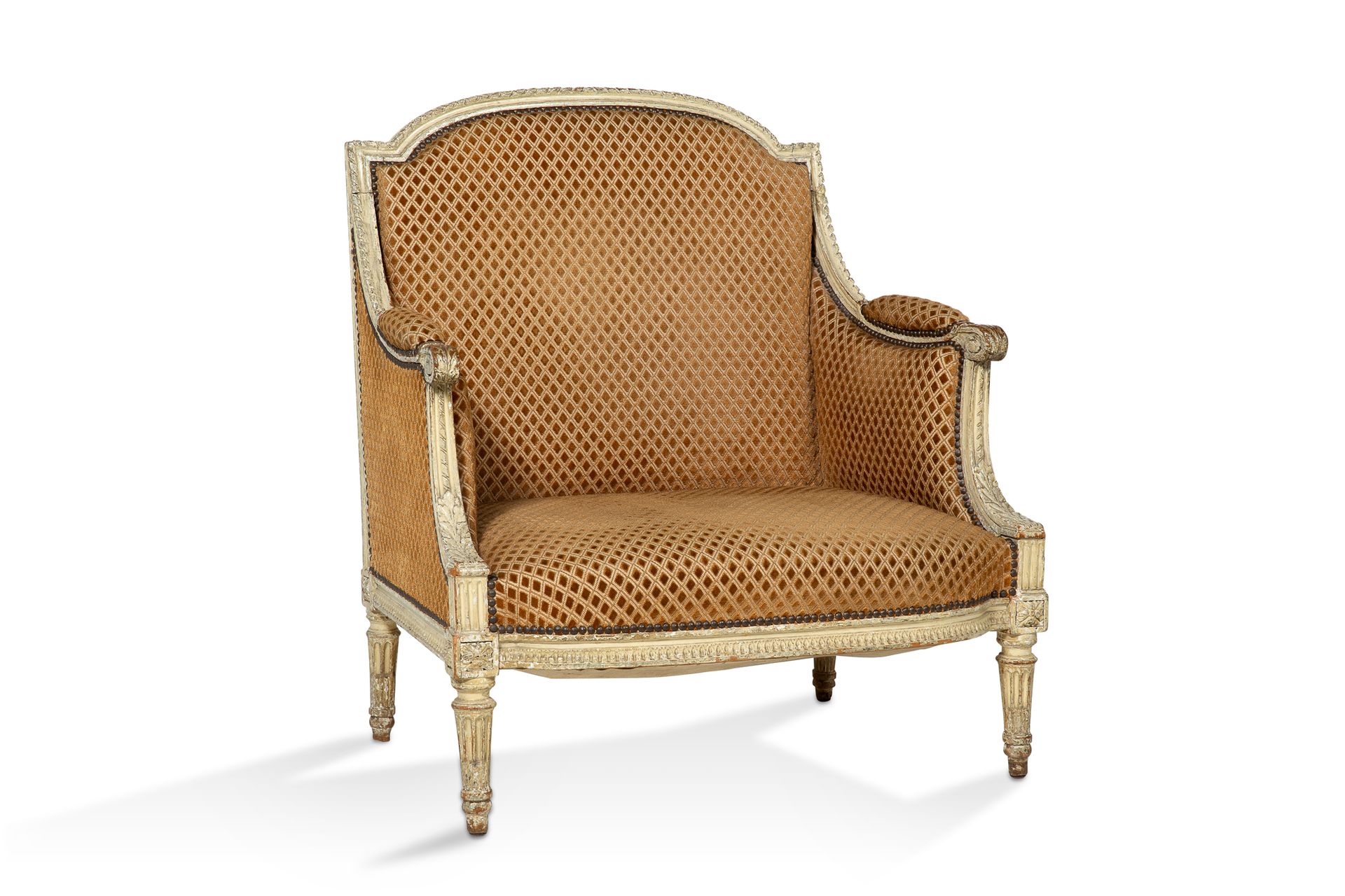 Null LARGE BERGERE in molded, carved and cream lacquered wood with a gendarme ha&hellip;