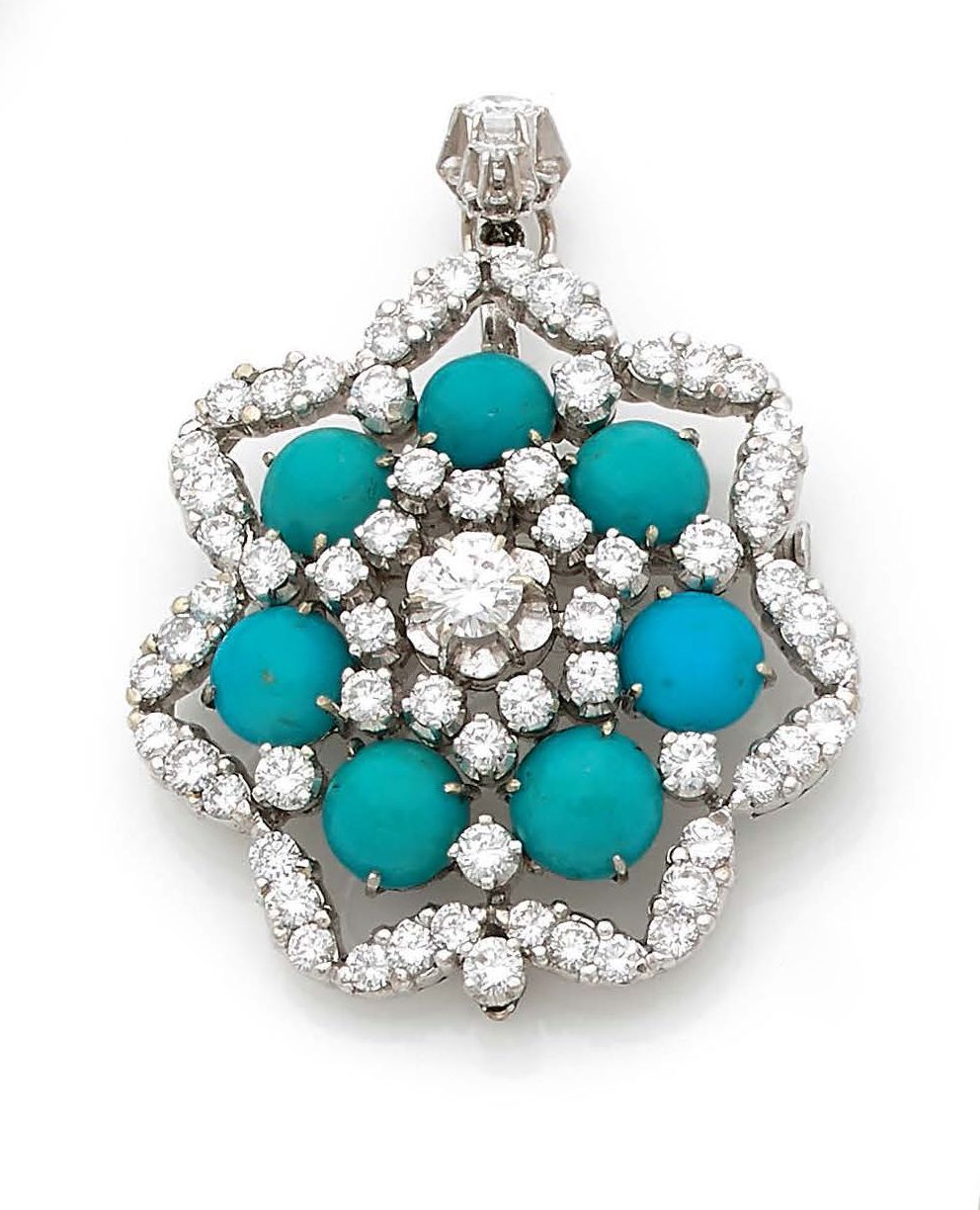 Null PENDENTIF « ROSACE »
Turquoises et diamants ronds
Or 18k (750)
Peut se port&hellip;