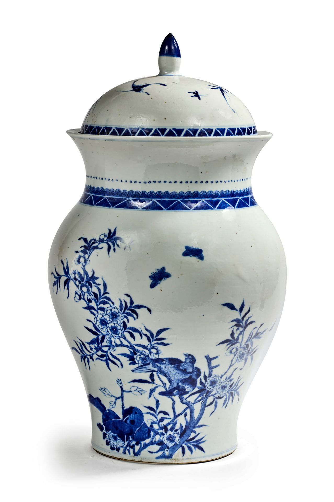 Chine pour le Vietnam XIXe siècle 
一个重要的青花瓷覆盖的阳台罐，有一个长的喇叭形的颈部，装饰着花鸟和蝴蝶，还有穿孔的岩石，颈&hellip;