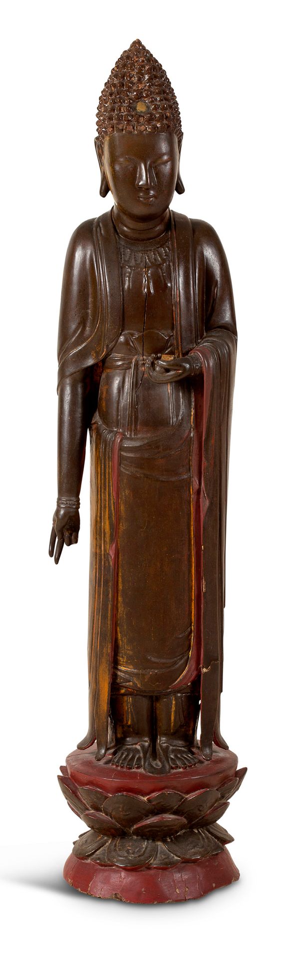 VIETNAMXIXe SIÈCLE 
Grande statuette de bouddha en bois laqué et anciennement do&hellip;