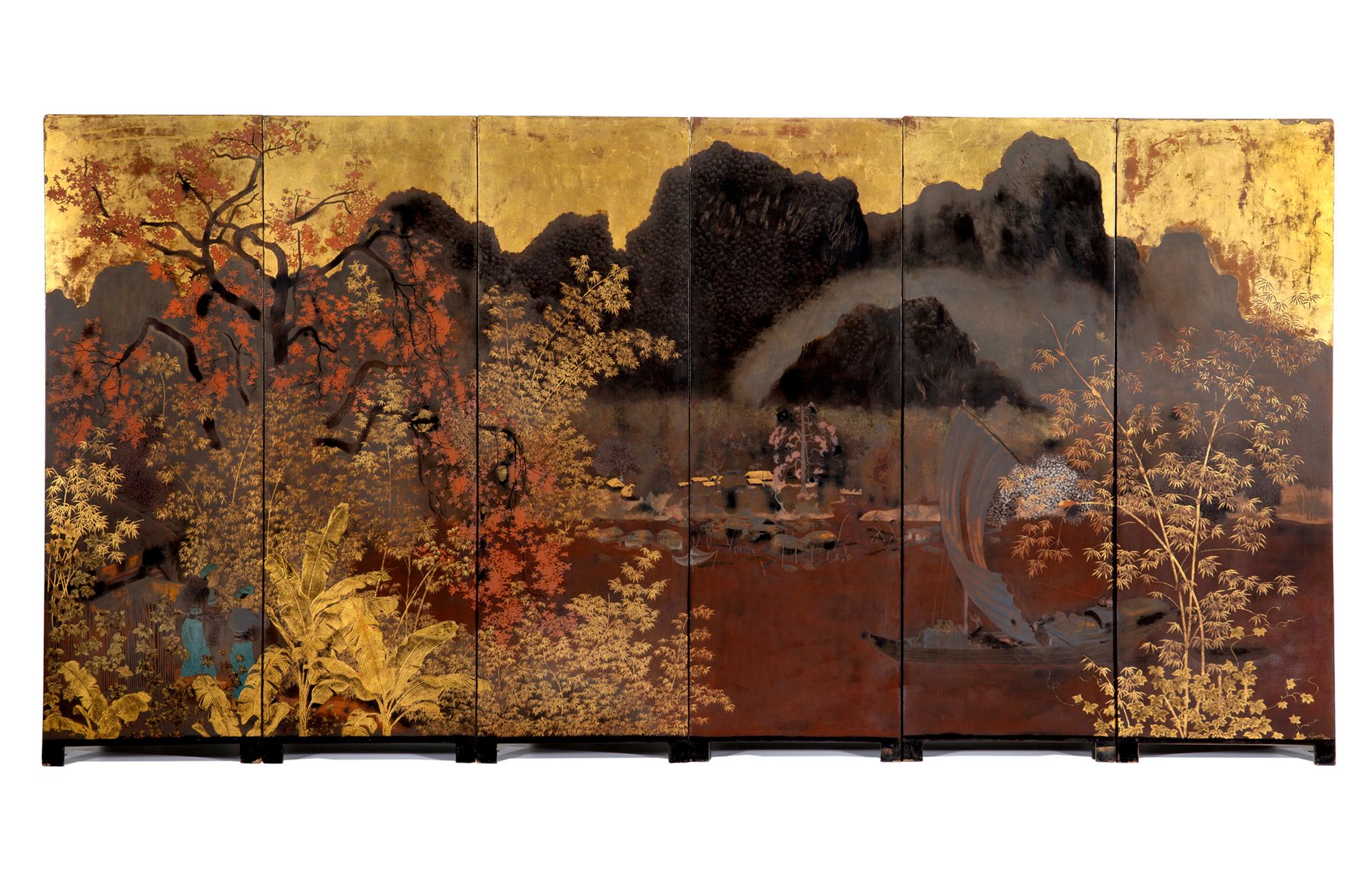 LÊ QUỐC LỘC 
赵波的激流》，1942年

带有金色亮点的漆器，屏幕分六块，右下角有签名和日期

100 x 32,7cm - 39 3/8 x 12&hellip;