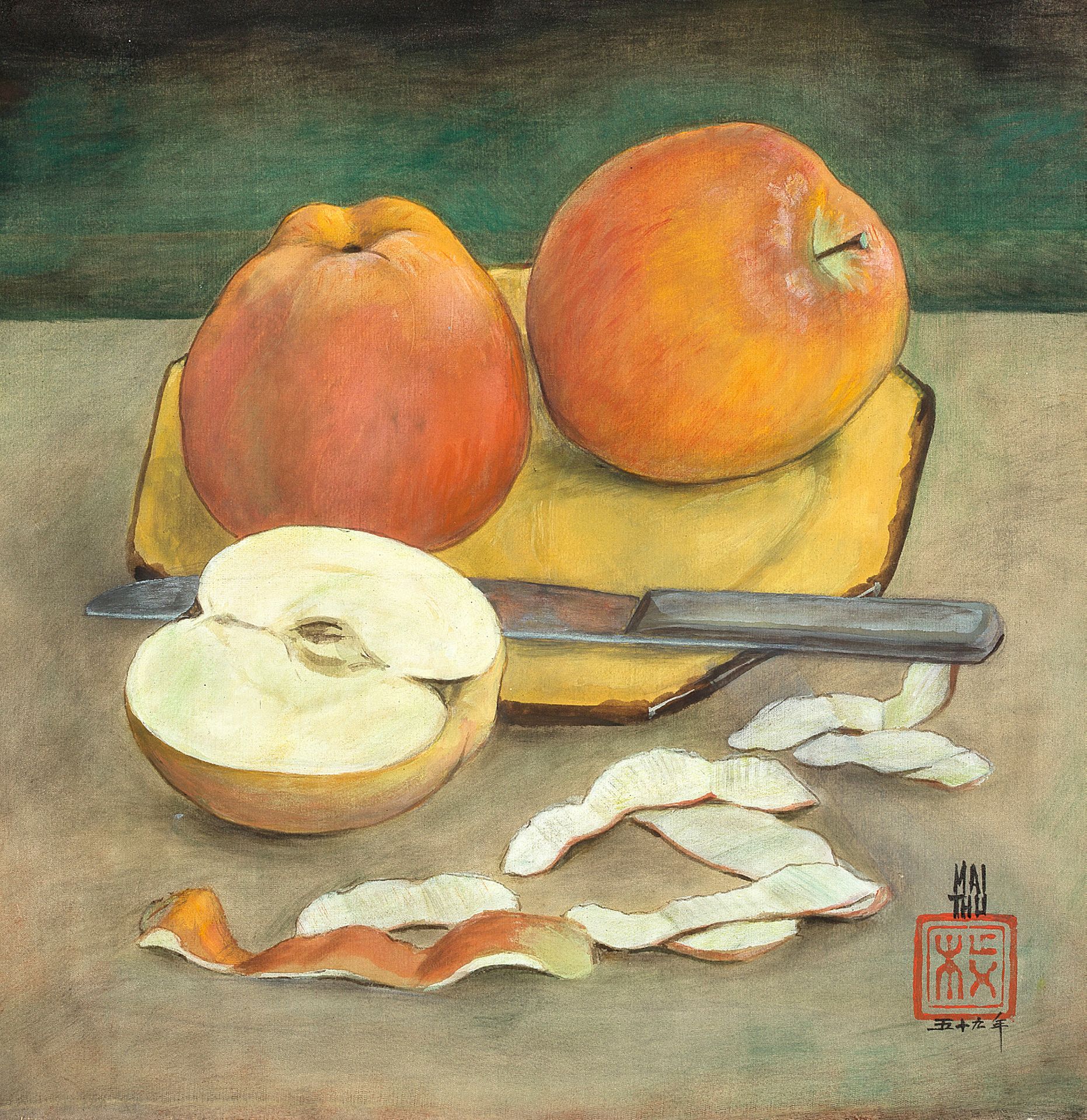 MAI trung THU (1906-1980) 
苹果, 1959年

丝绸上的水墨和色彩，右下方有签名和日期。在艺术家制作的原始框架中

30 x 30 &hellip;