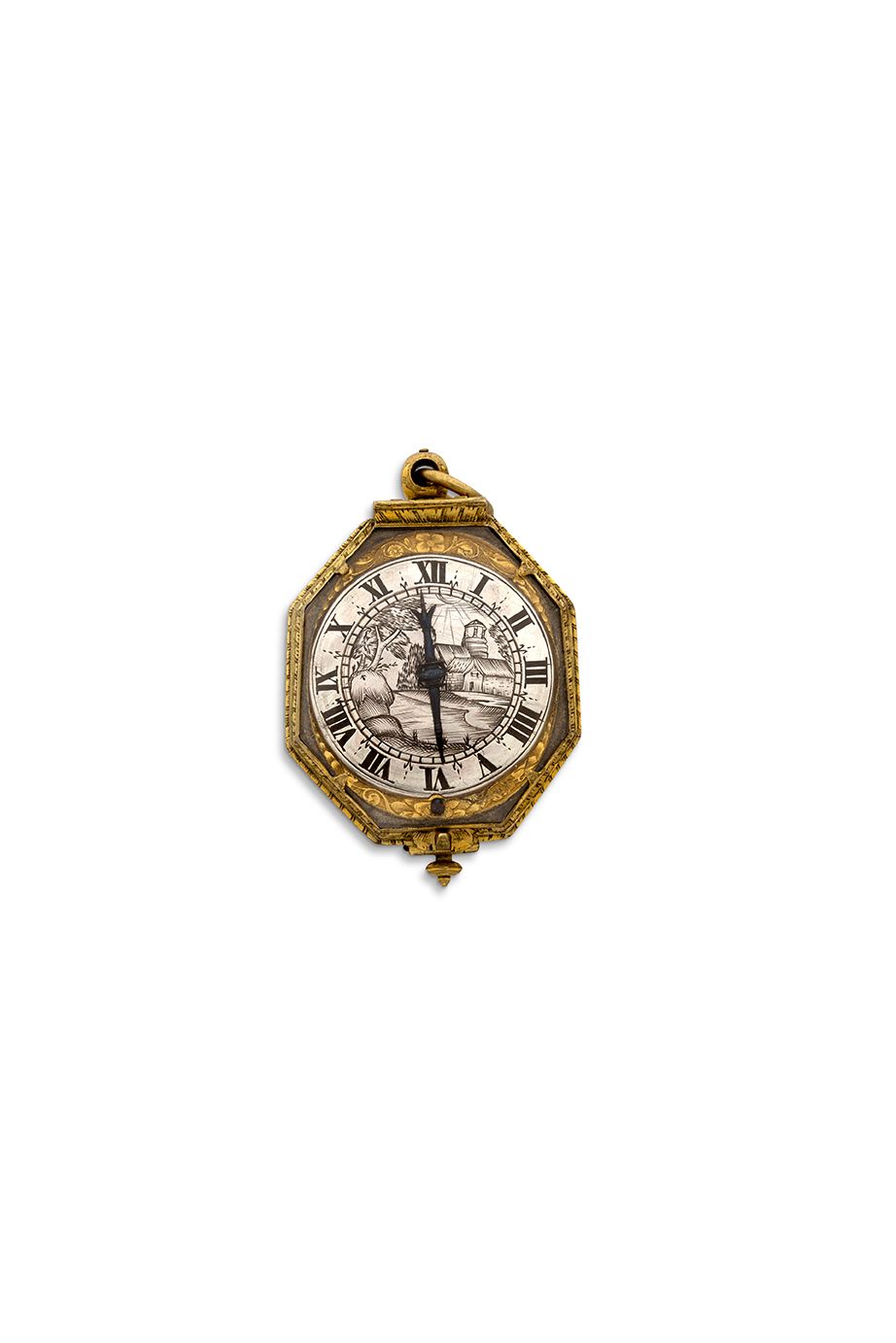 E STIENNE HUBERT, Rouen 
Reloj octogonal de metal dorado y cristal de roca con u&hellip;