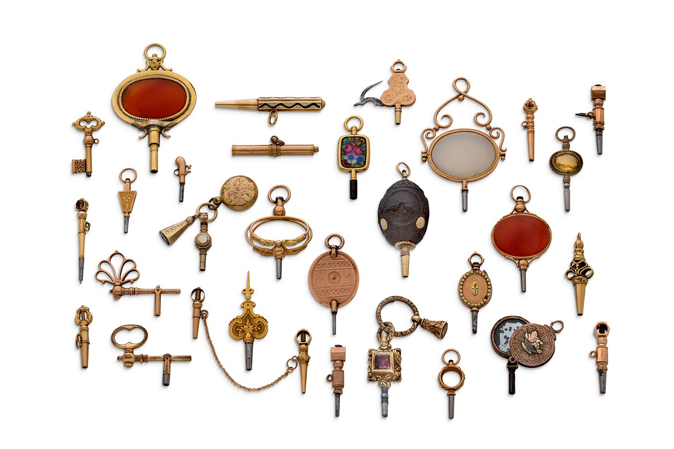 Null 
一套钟表钥匙



18和19世纪



各种尺寸的风格化钟表钥匙，大多用于钥匙上链的手表。