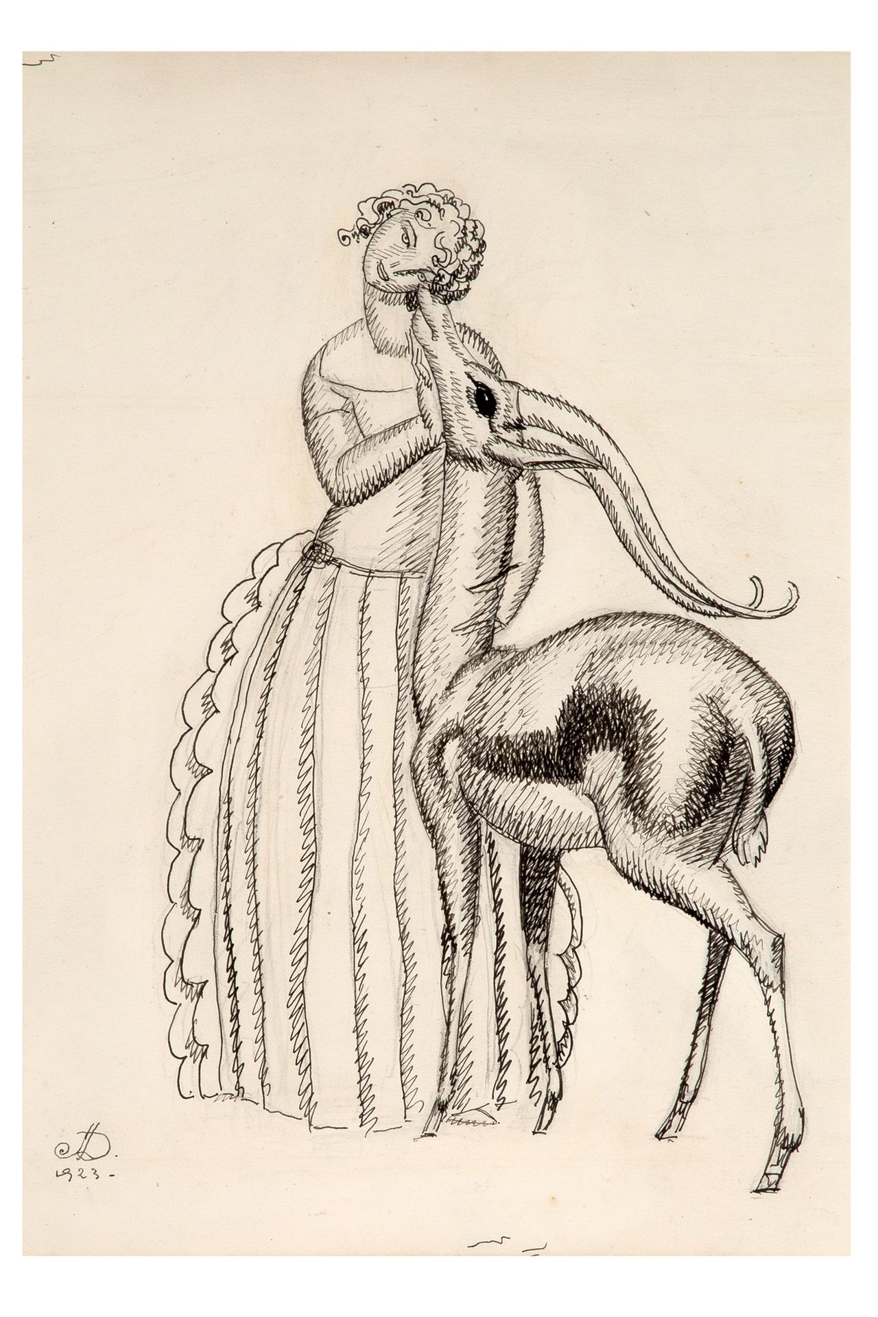 Null 让-杜帕斯，《羚羊的年轻女人》，黑色水墨画，左下方有签名和日期1923年，24 x 17厘米。