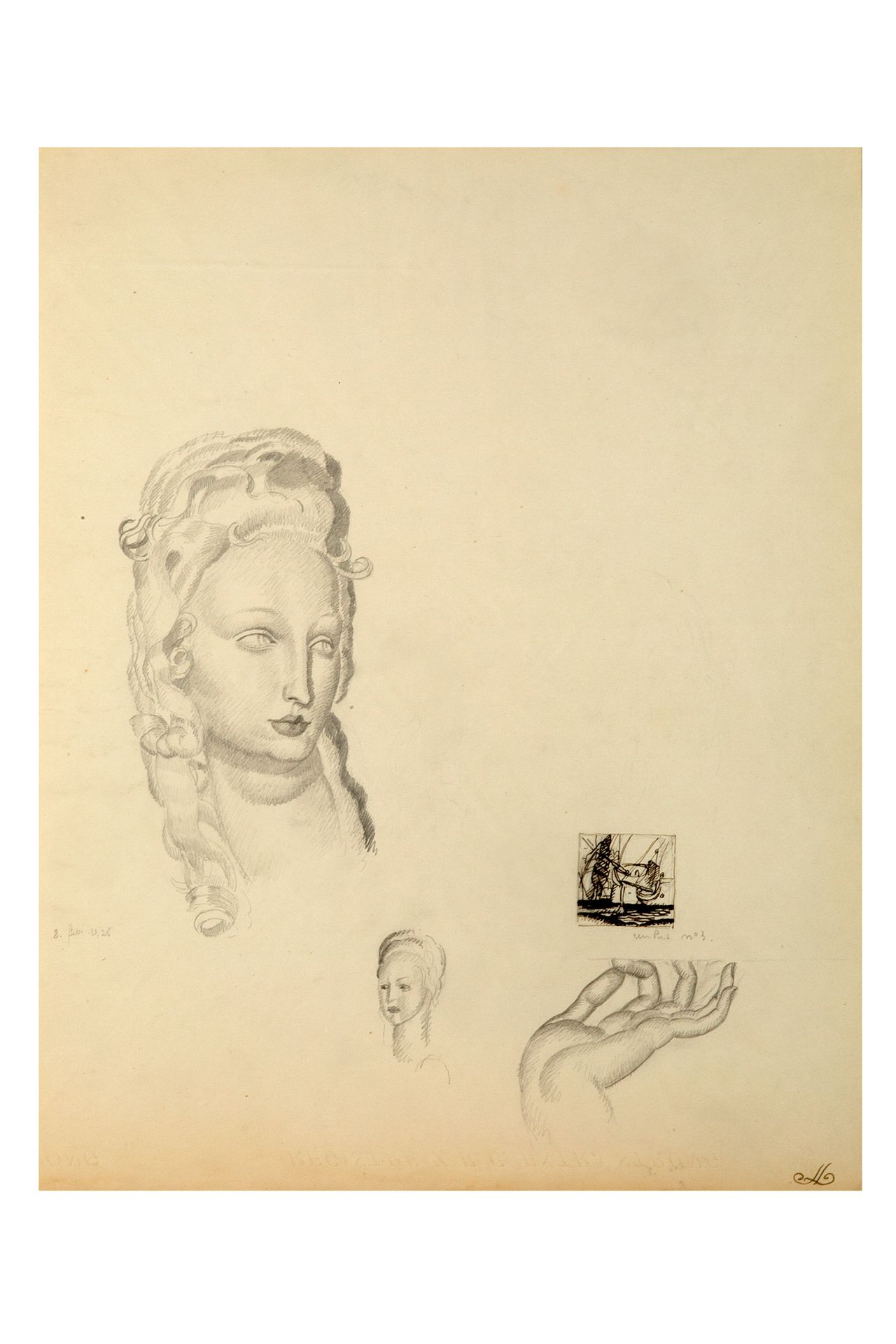 Null 一套6件

Jean DUPAS, Tête de femme", 米色纸上的木炭研究，用印度墨水加高，28x22厘米1925年，有框架，Prospe&hellip;