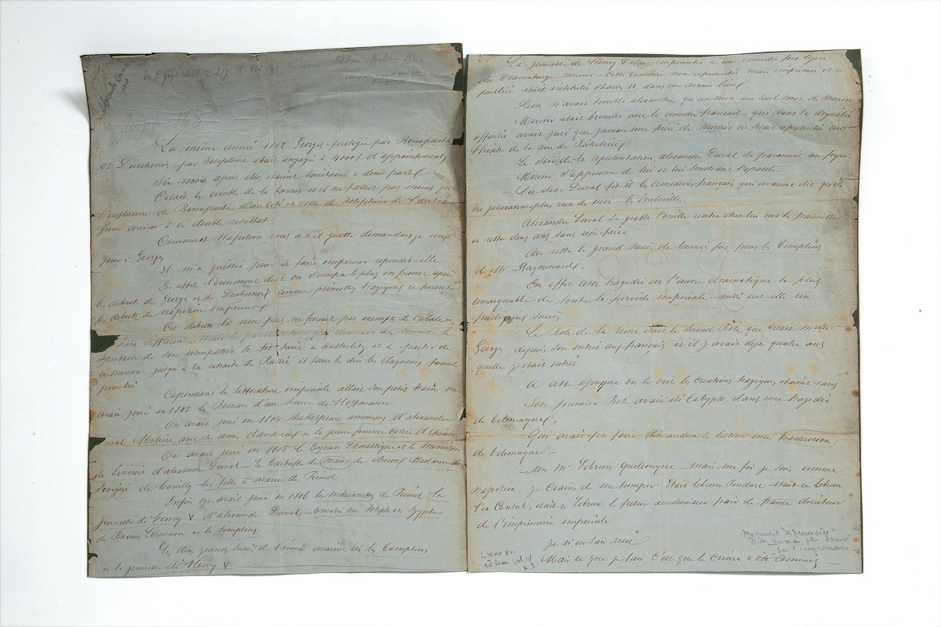 Null [DUMAS Alexandre (1802-1870)] 。



秘书写的《我的回忆》中的一段手稿。2张大的对开页，装在硬纸板上的正面。



大&hellip;
