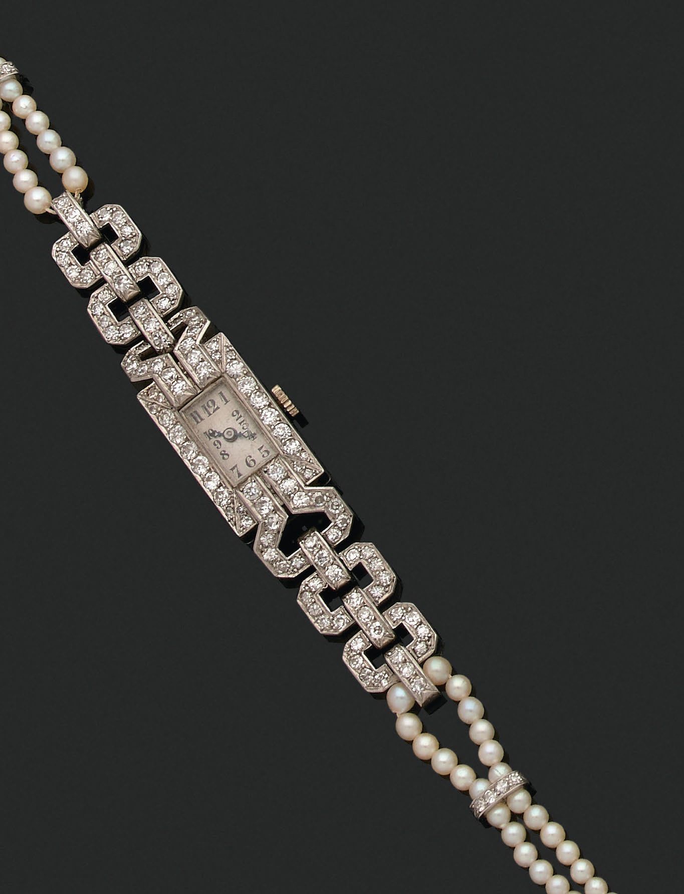 Null 女士手表 "珠宝
养殖珍珠，老式切割钻石
铂金（950），18K金（750）。
Pb.26.3克

养殖珍珠、钻石、铂金和黄金腕表