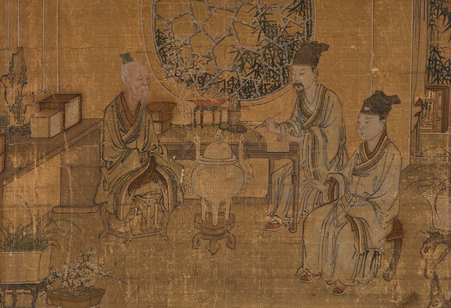 CHINE 中国
清代，十九世纪末
一对横幅画，水墨和镶金彩色帛画，表达多人在花园和室内场景。
23 x32.5厘米
（有小孔和磨损）