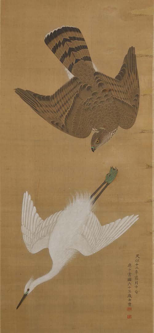 JAPON 日本
明治时期（1868年-1912年）
挂物kakemono，水墨画，彩色帛画，呈现一只正在攻击白鹤的老鹰。右下角有签名和印章。
尺寸：127 x&hellip;