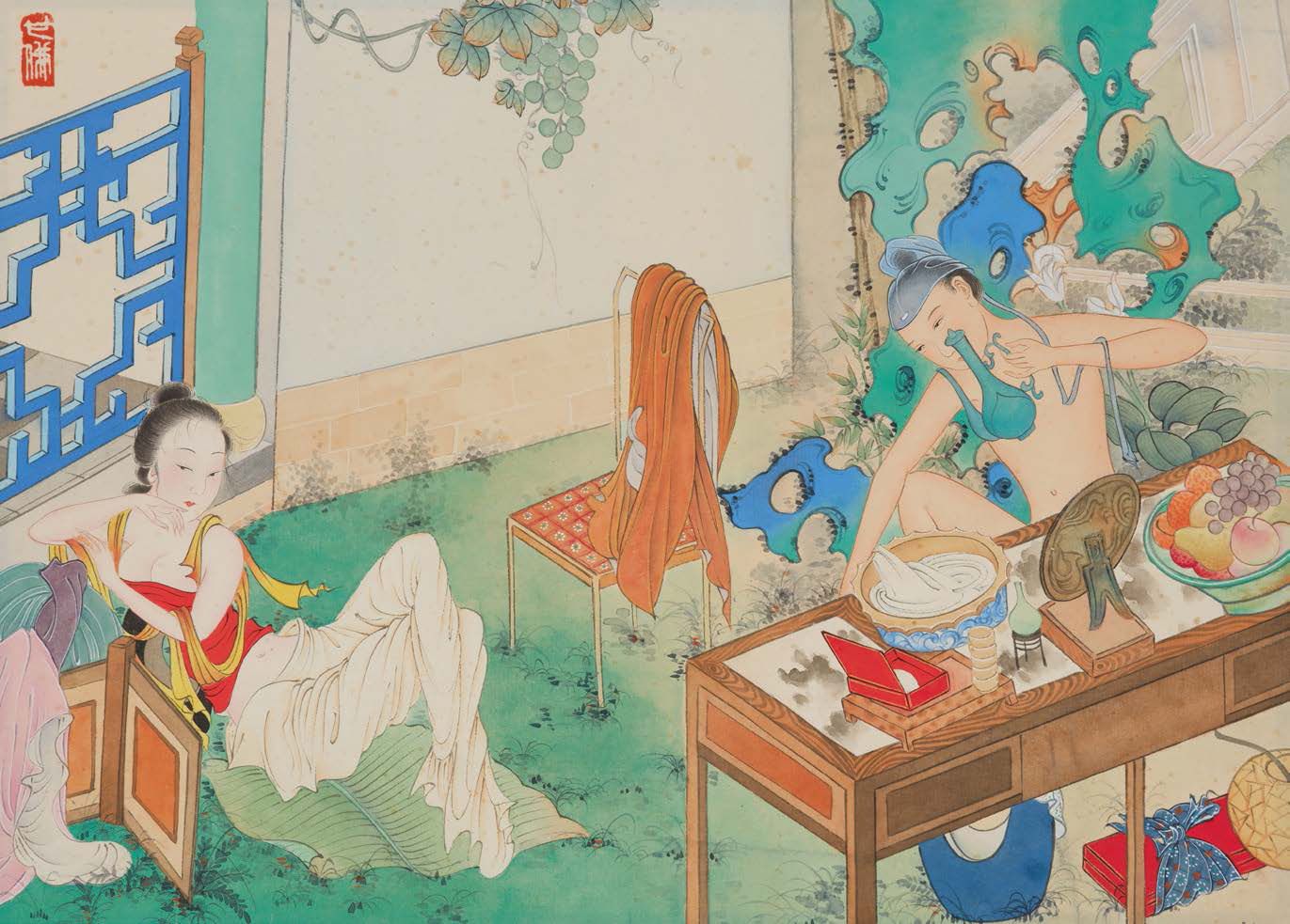 CHINE XXe SIÈCLE 中国
横幅水彩画，镶金，纸画，呈现一对爱侣在花园中。左上方印章。
24.3 x33.5厘米
（有黄斑，后世装裱）