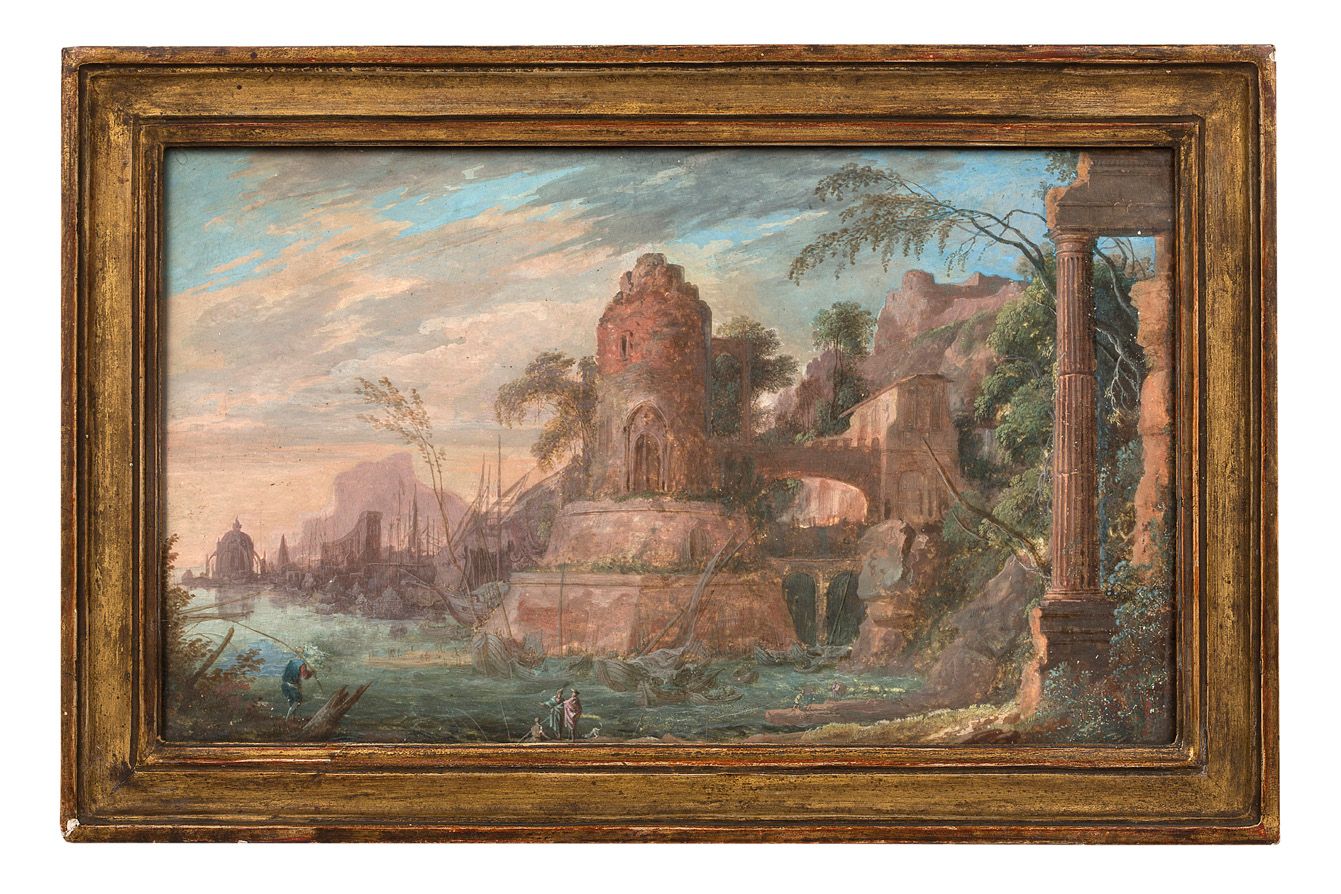 ÉCOLE ITALIENNE VERS 1750 View of an imaginary port.
Oil on paper mounted on car&hellip;