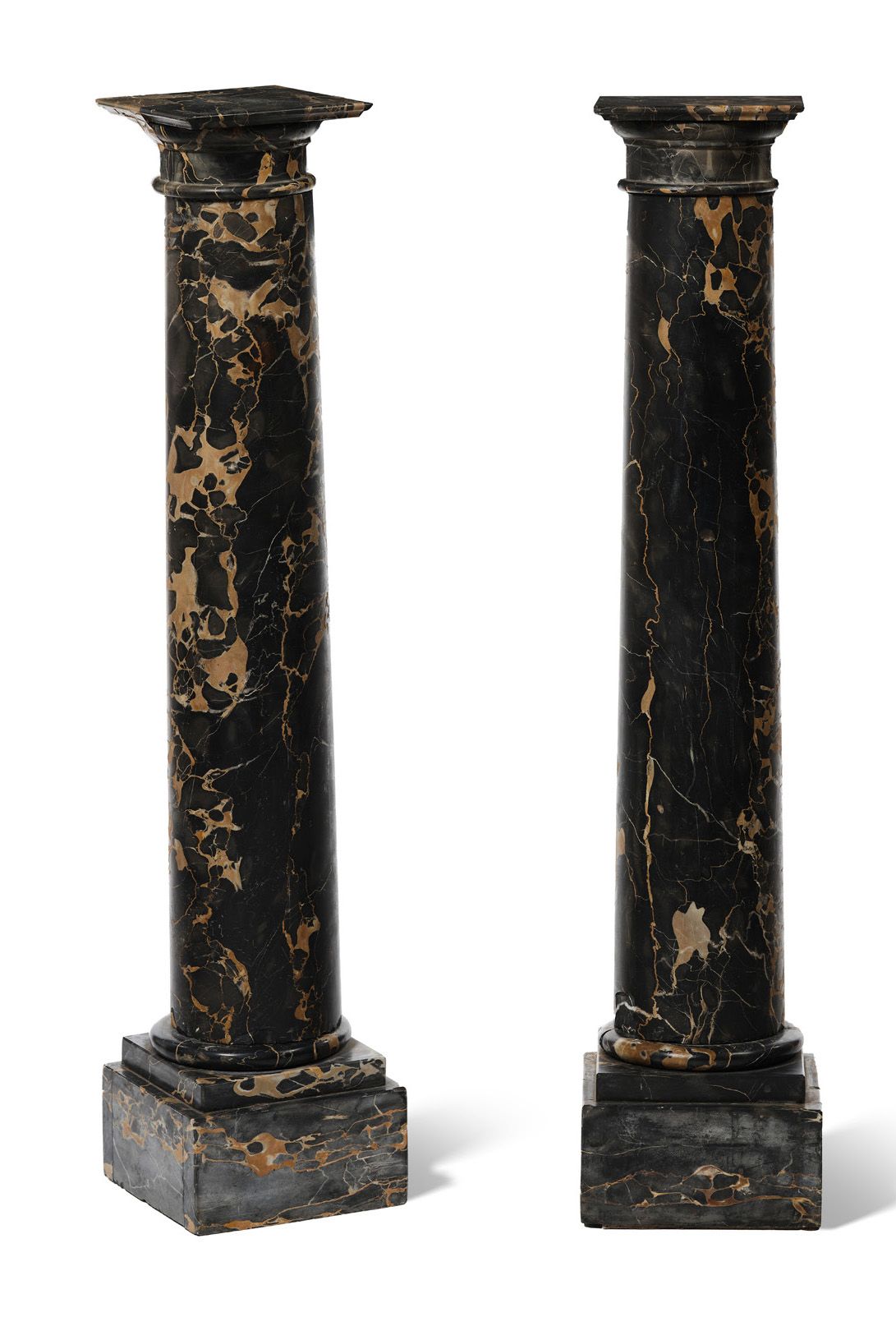 Null PAIR OF SMALL COLUMNS in solid Portor marble, the circular shaft and square&hellip;