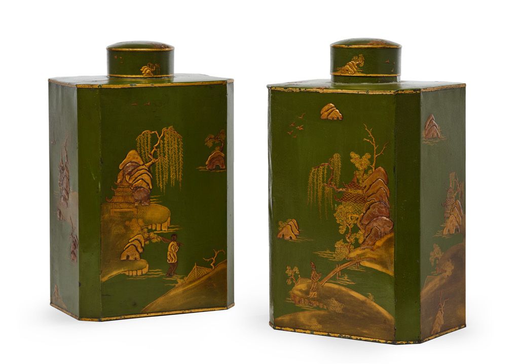 Null TEA CADDIES in sheet metal painted and lacquered with gold Chinese decorati&hellip;