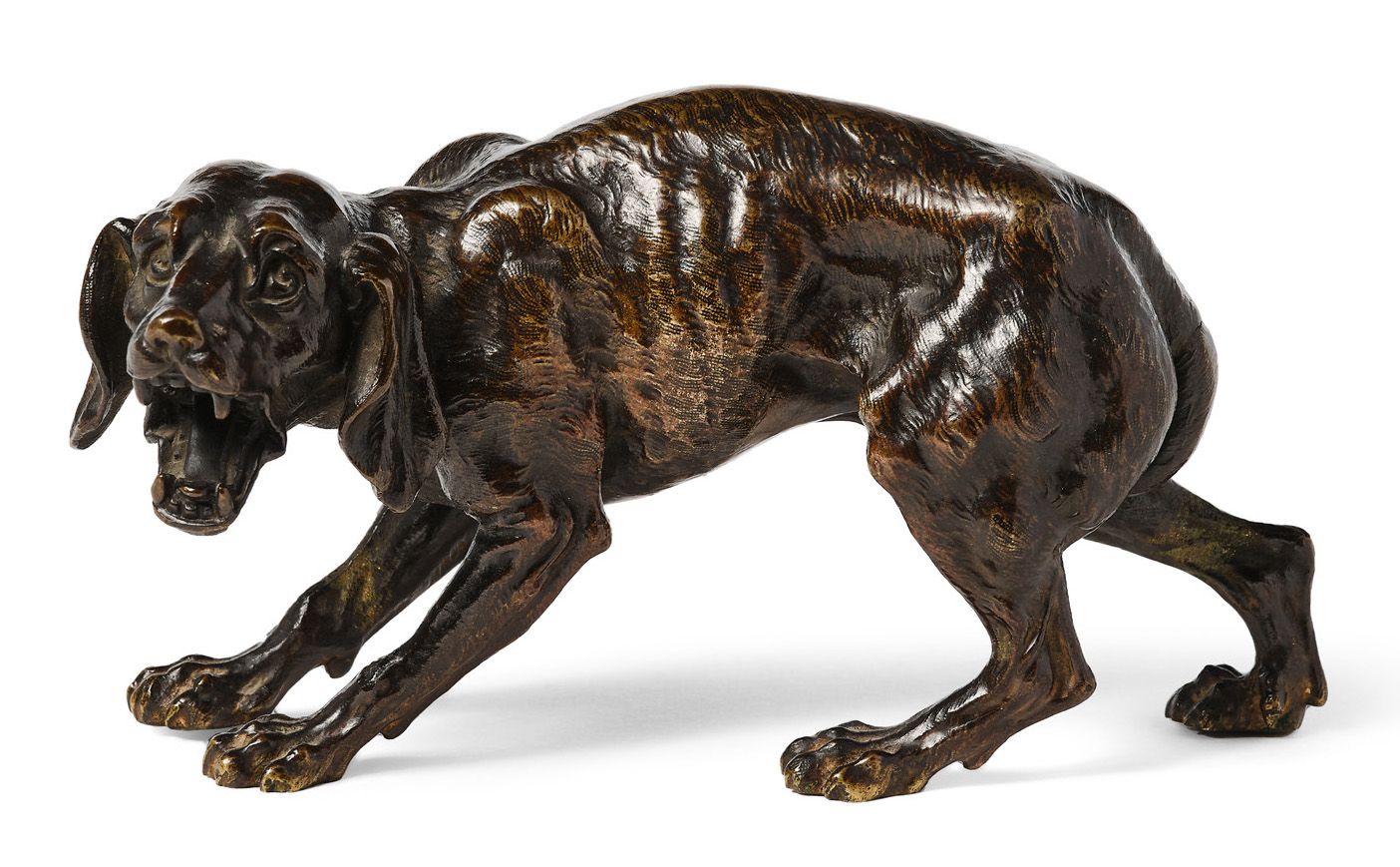 Null 狗狗在碗里奔跑
带有奖章光泽的青铜器。法国，18世纪。
高度：10厘米 - 宽度：19厘米 深度：6厘米（磨损，清漆）
可以认为这个青铜器是一个更大的&hellip;