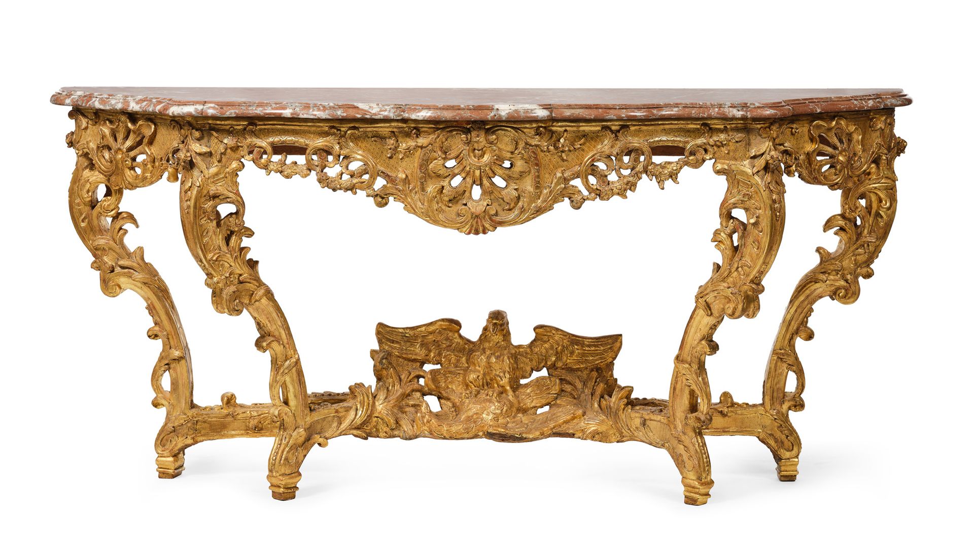 Null LARGE CONSOLE in carved and gilded wood, it on four feet with double camber&hellip;