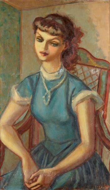 Nicolas ISSAIEV (1891-1977) Portrait de jeune fille à la robe bleue Huile sur ca&hellip;