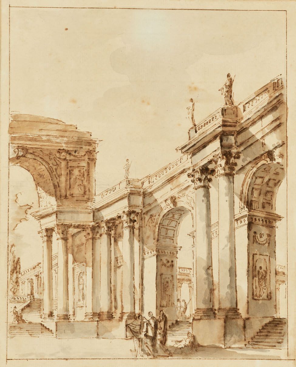 ATTRIBUÉ À CHARLES MICHEL-ANGE CHALLE PARIS, 1718 - 1779 建筑任性
钢笔和水洗
21 x 17 cm
(&hellip;