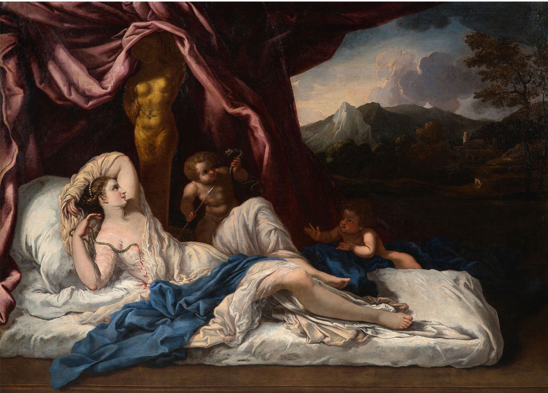 ÉCOLE ITALIENNE DU XVIIe SIÈCLE La morte di Cleopatra
Olio su tela
124 x 173 cm