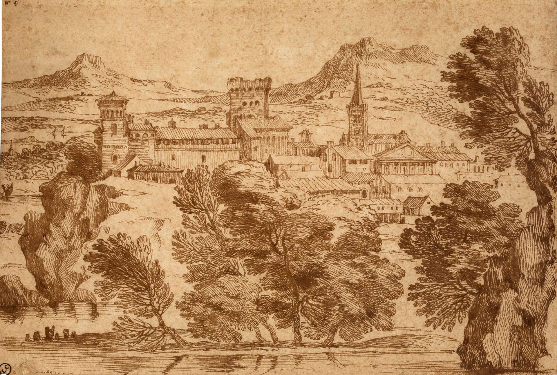 ATTRIBUÉ À GIOVANNI FRANCESCO GRIMALDI BOLOGNE, 1606 - 1680 Paisaje de una ciuda&hellip;