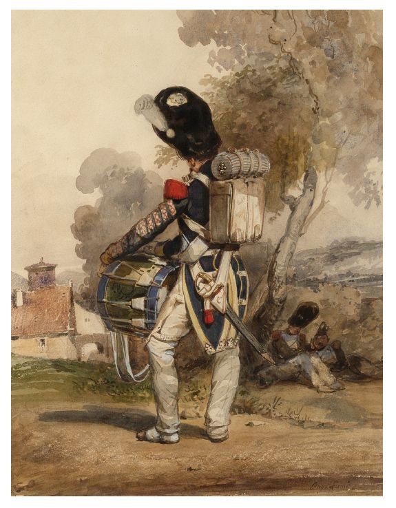 EUGÈNE LAMI PARIS, 1800-1890 皇家卫队的鼓手
铅笔和白色高光的水彩画
右下角有签名 Eug.拉米 
53,5 x 41,7 cm