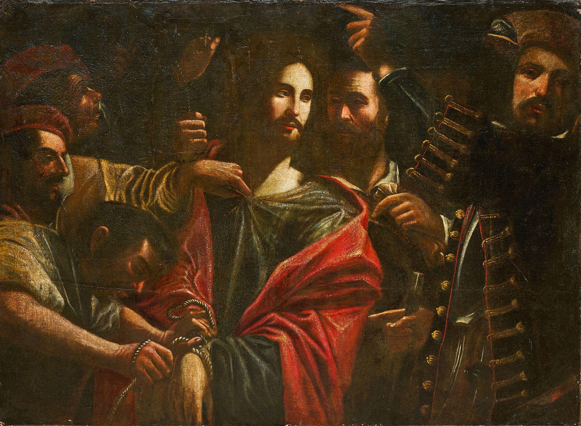 ATTRIBUÉ À GREGORIO PRETI TAVERNA, 1603 - 1672 基督与士兵之间的纽带
布面油画 
95.5 x 131 cm