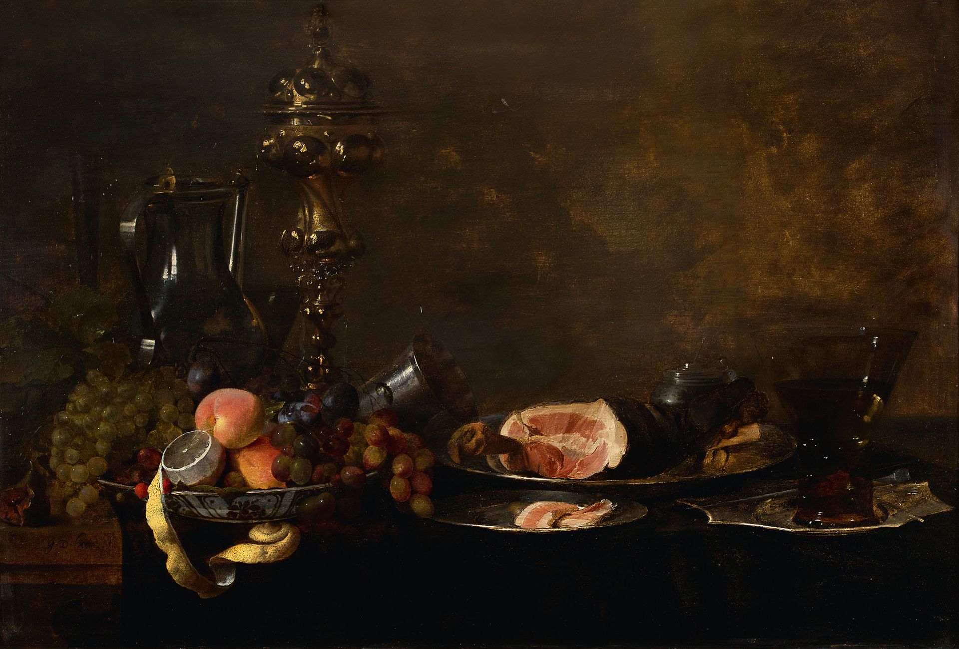 JAN DAVIDSZ. DE HEEM UTRECHT, 1606 - 1684, ANVERS 桃子、葡萄和柠檬，装在万利克拉克瓷碗里，锡制托盘上有一只火腿&hellip;