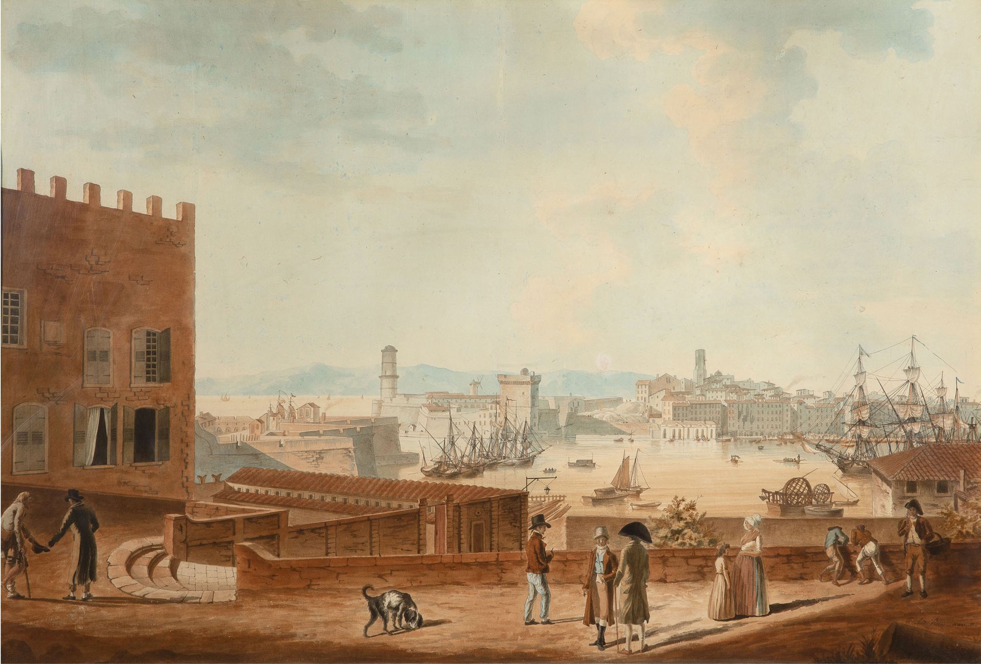 ANGE-JOSEPH ANTOINE ROUX MARSEILLE, 1765 - 1838 从Saint-Victor眺望马赛老港。
马赛老港和圣-让堡的景&hellip;