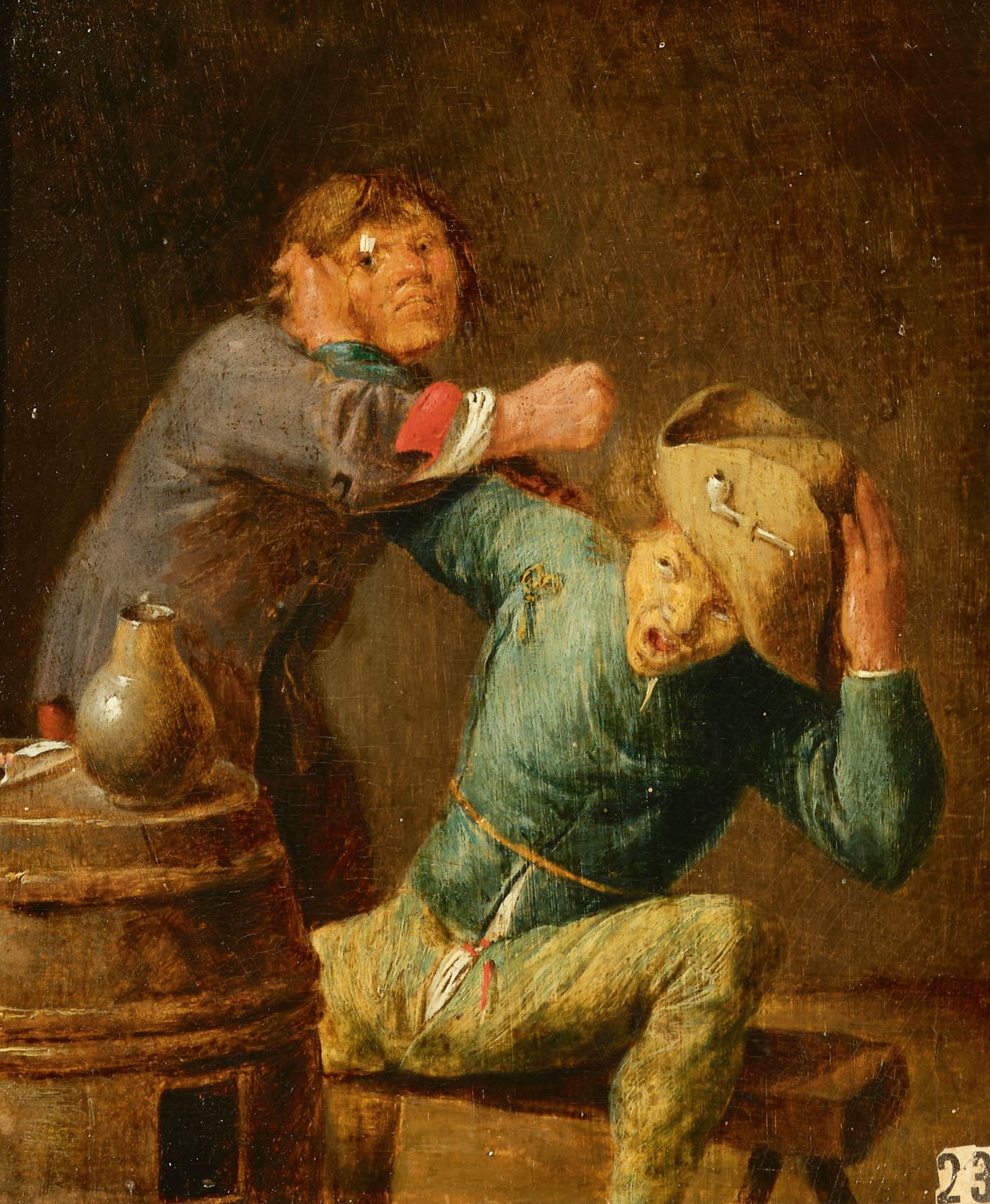 ÉCOLE HOLLANDAISE DU XVIIe SIÈCLE ENTOURAGE D'ADRIAEN BROUWER 酒馆里的争吵
画板上的油画 
16,&hellip;