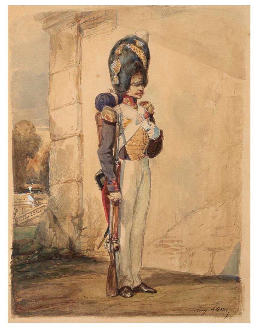 EUGÈNE LAMI PARIS, 1800-1890 国王军团的普通步兵卫队
铅笔和白色高光的水彩画
右下方有签名 Eug.拉米 
41,7 x 37厘米
&hellip;