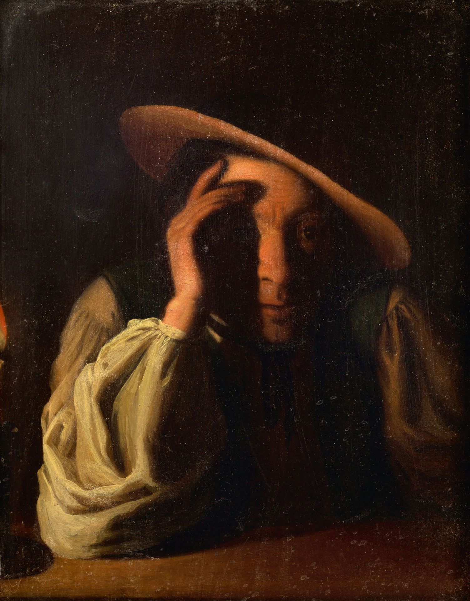 ÉCOLE ITALIENNE, VERS 1820 L'uomo malinconico
Olio su pannello 
22,3 x 19,7 cm
.