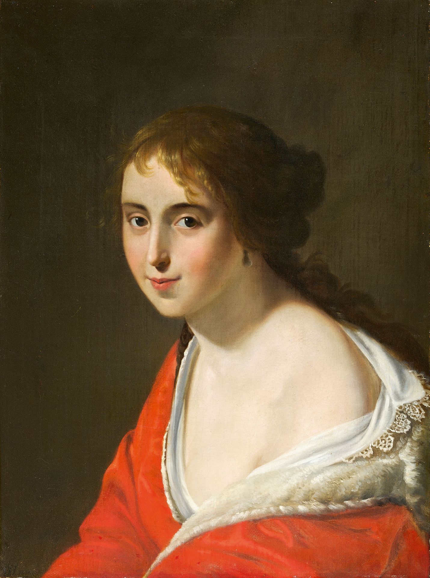 ÉCOLE FRANÇAISE DU DÉBUT DU XIXe SIÈCLE 穿红衣服的女人的画像
布面油画 
60,5 x 46,7 cm
