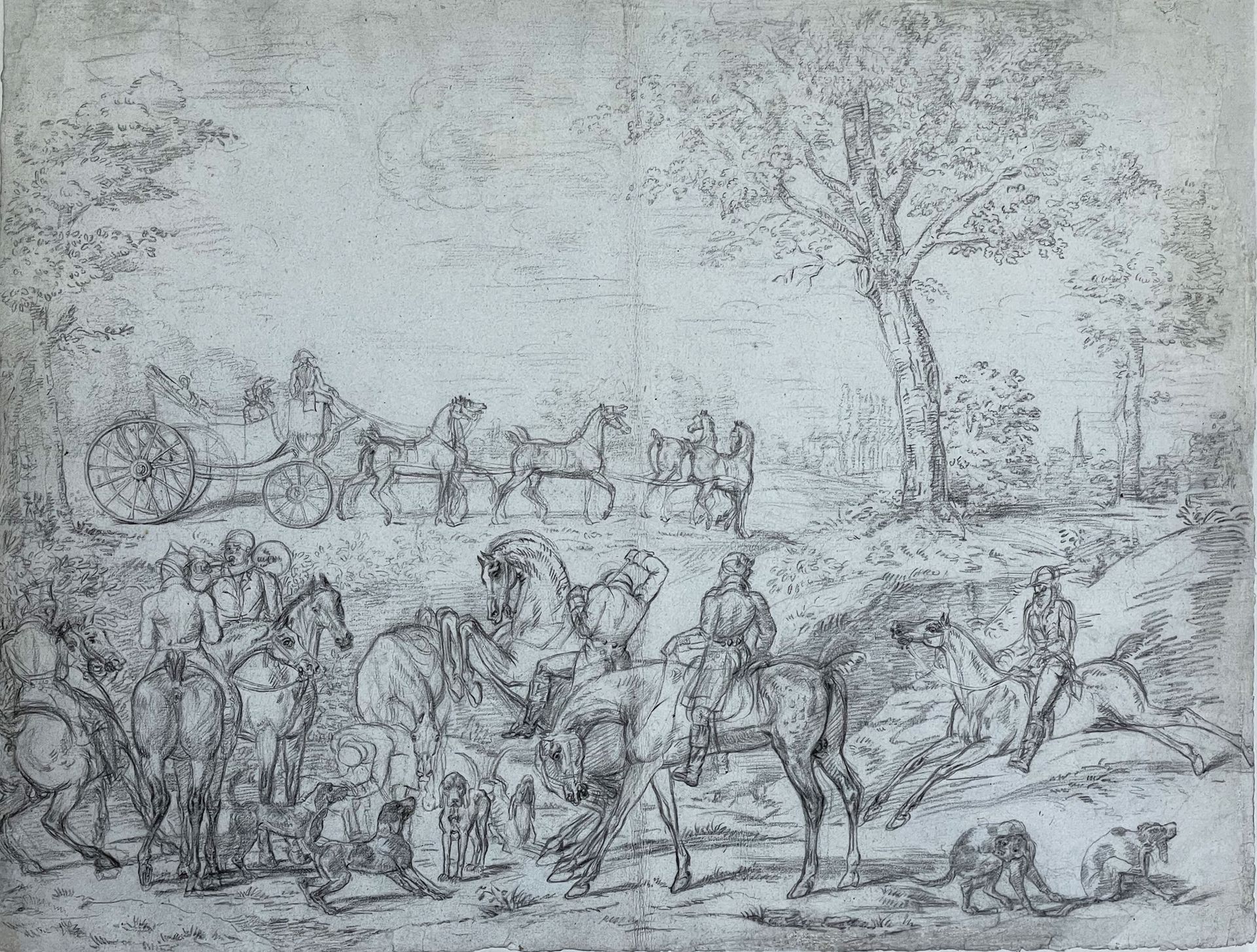 PAULINE AUZOU PARIS, 1775 - 1835 Fox-Hunting
Black chalk 
19 5/16 x 25 3/8 in.