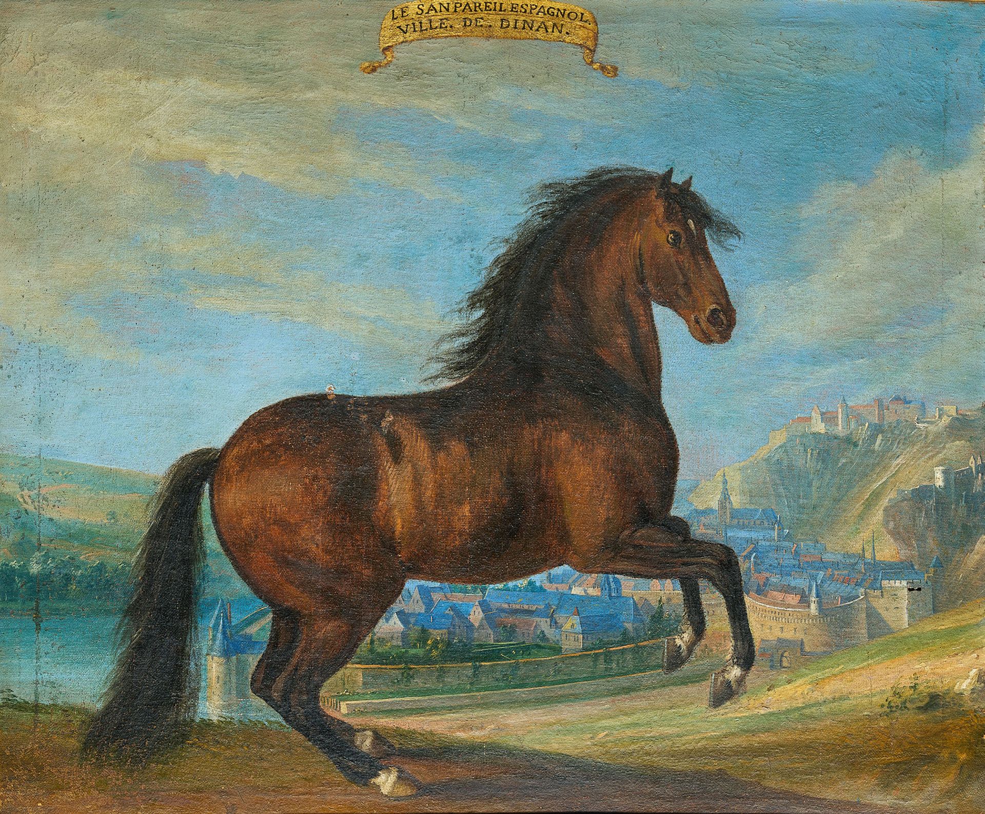 ÉCOLE FRANÇAISE DU XVIIe SIÈCLE 迪南镇前的 "Le San Pareil Espagnol "马的肖像
布面油画
43 x 53&hellip;
