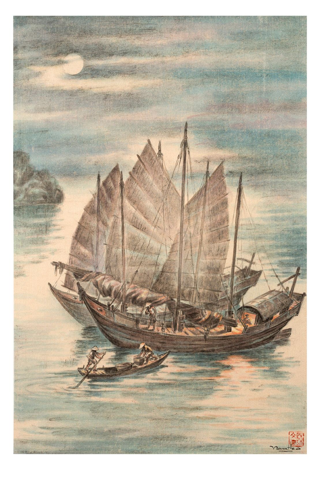 TRẦN VĂN THỌ (1917-2004) 月光（越南阿龙湾）
水墨和色彩在丝绸上，右下方有签名
43 x 28,6 cm - 16 15/16 x 11&hellip;