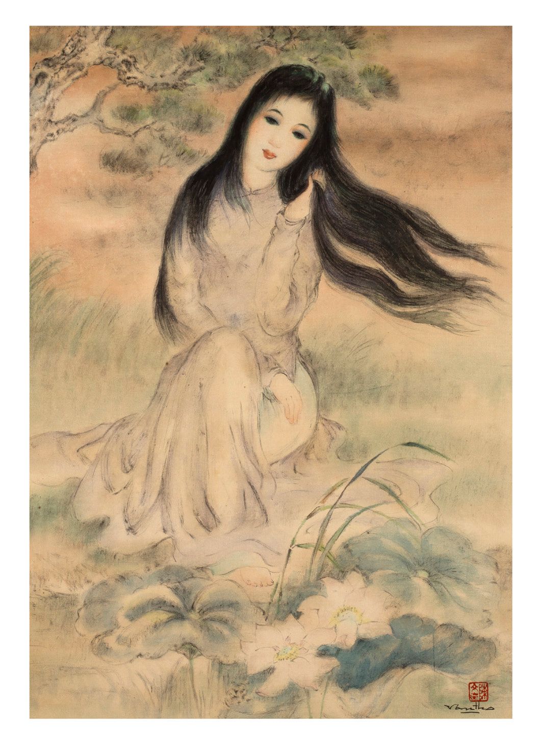 TRẦN VĂN THỌ (1917-2004) 风中的头发
丝绸上的水墨和色彩，右下方有签名 
53,5 x 37,5 cm - 21 1/16 x 14 3&hellip;
