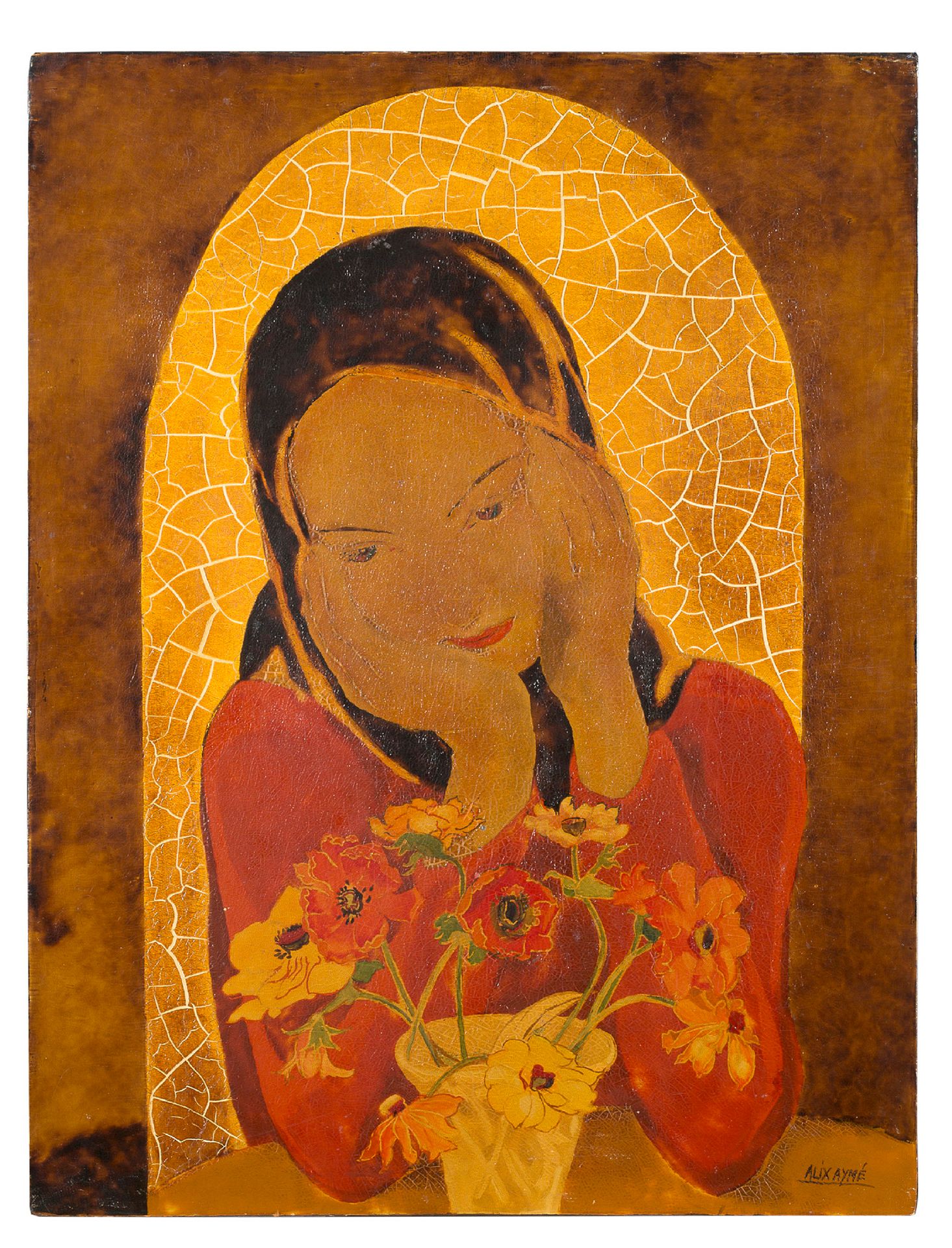 ALIX AYMÉ (1894-1989) 捧着一束银莲花的年轻女子肖像，约1970年
漆器，右下方有签名 
49.5 x 37.8 cm - 19 1/2 x&hellip;