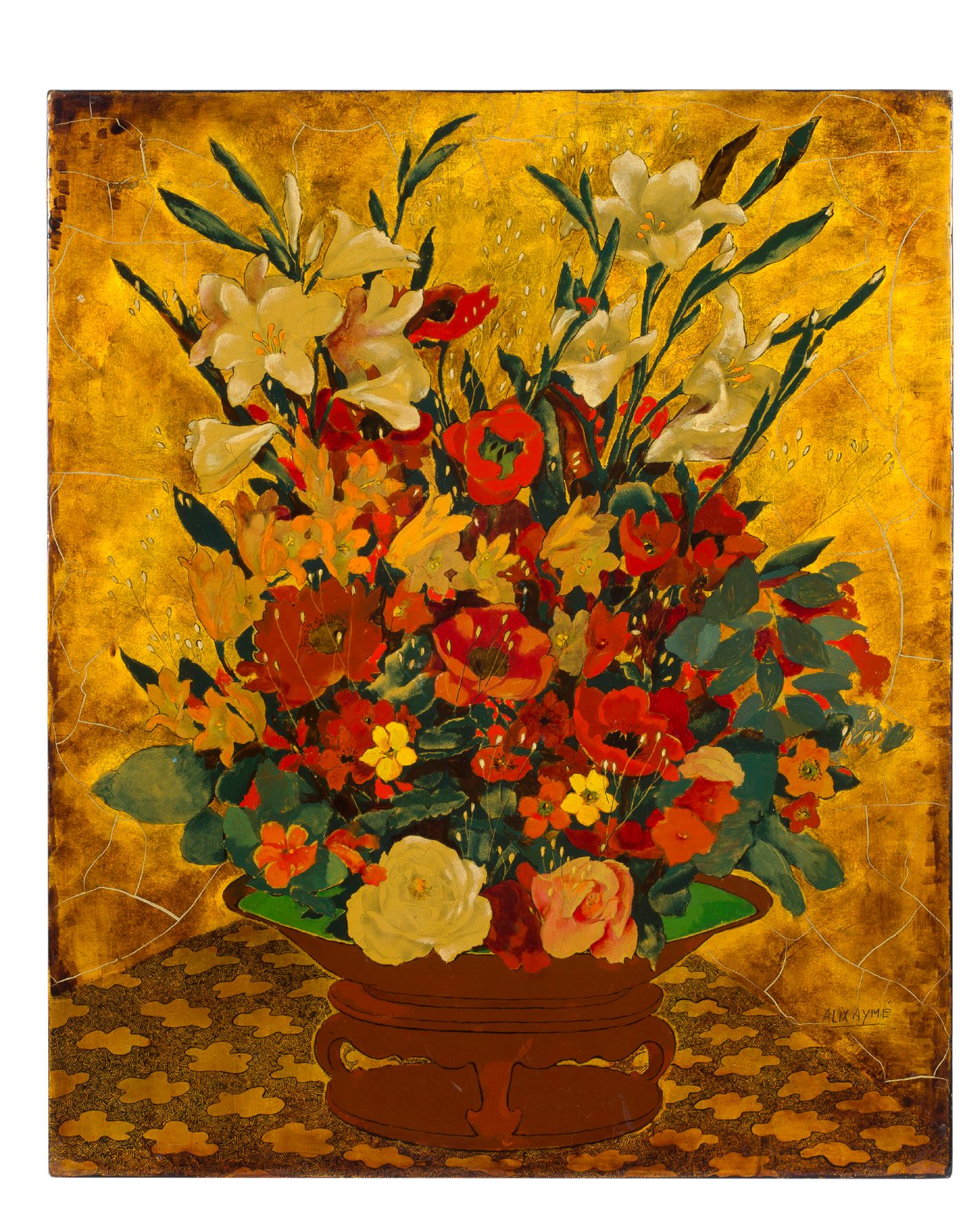 ALIX AYMÉ (1894-1989) 花束，约1970年
漆器和金色亮点，右下方有签名
55 x 45,5 cm - 21 5/8 x 17 15/16 &hellip;