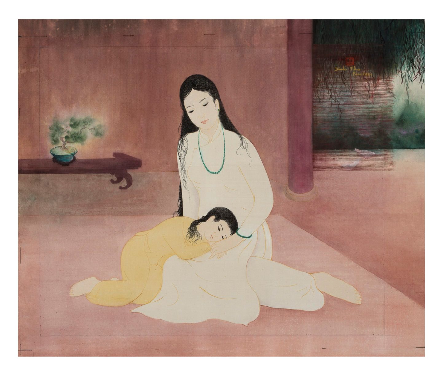 DINH THO (né en 1931) 室内的女人和孩子，1981年
丝绸上的水墨和色彩，右上方有签名、位置和日期 
55.5 x 66.5 cm - 21&hellip;