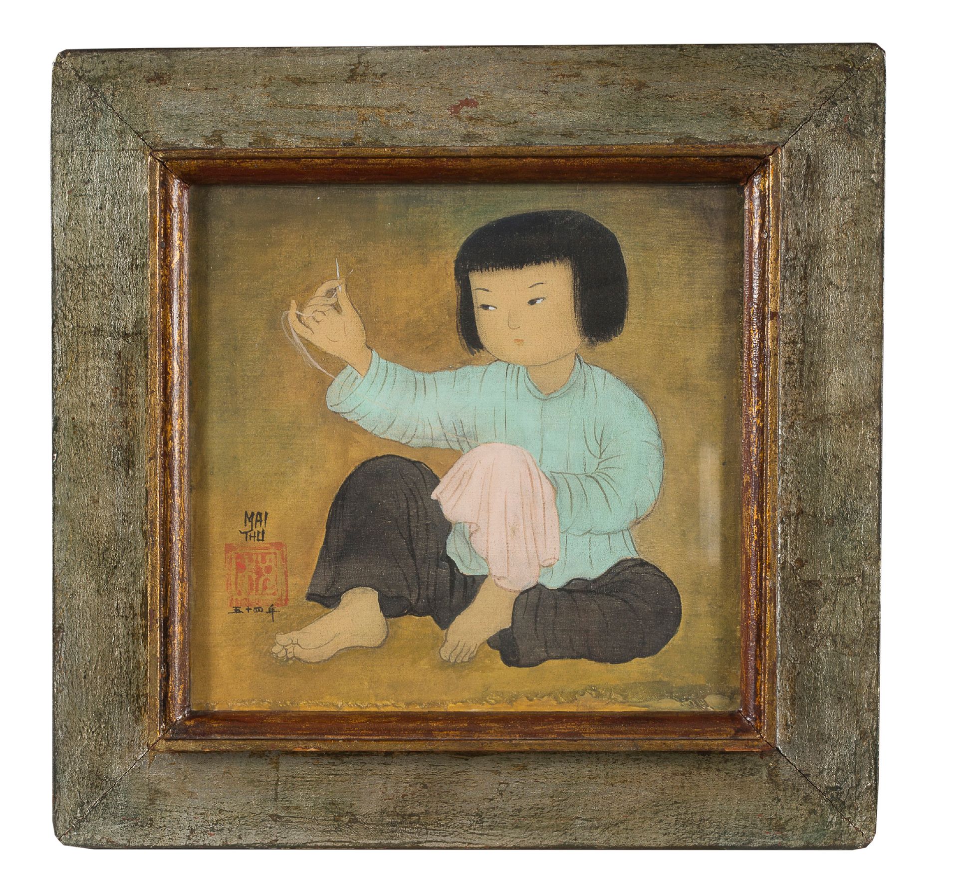 MAI TRUNG THỨ (1906-1980) Cousette, 1954年
丝绸上的水墨和色彩，左下角有签名和日期，背面有标题、字样和日期。装在艺术家制&hellip;
