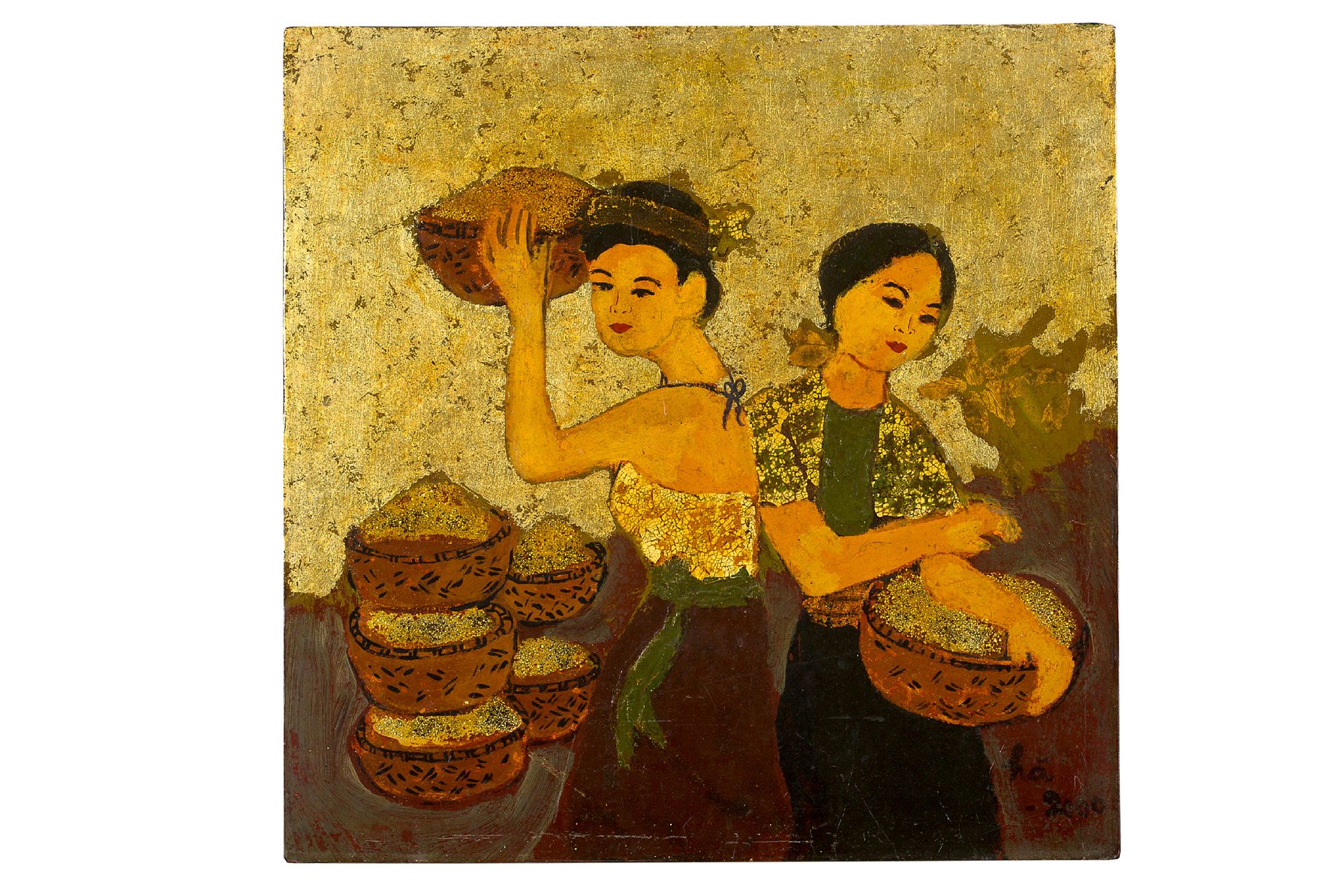Ecole vietnamienne 拿着篮子的女人，2000年
带有金色和蛋壳光泽的漆器，右下角有Hà的签名和日期
50 x 50 cm - 19 11/16&hellip;