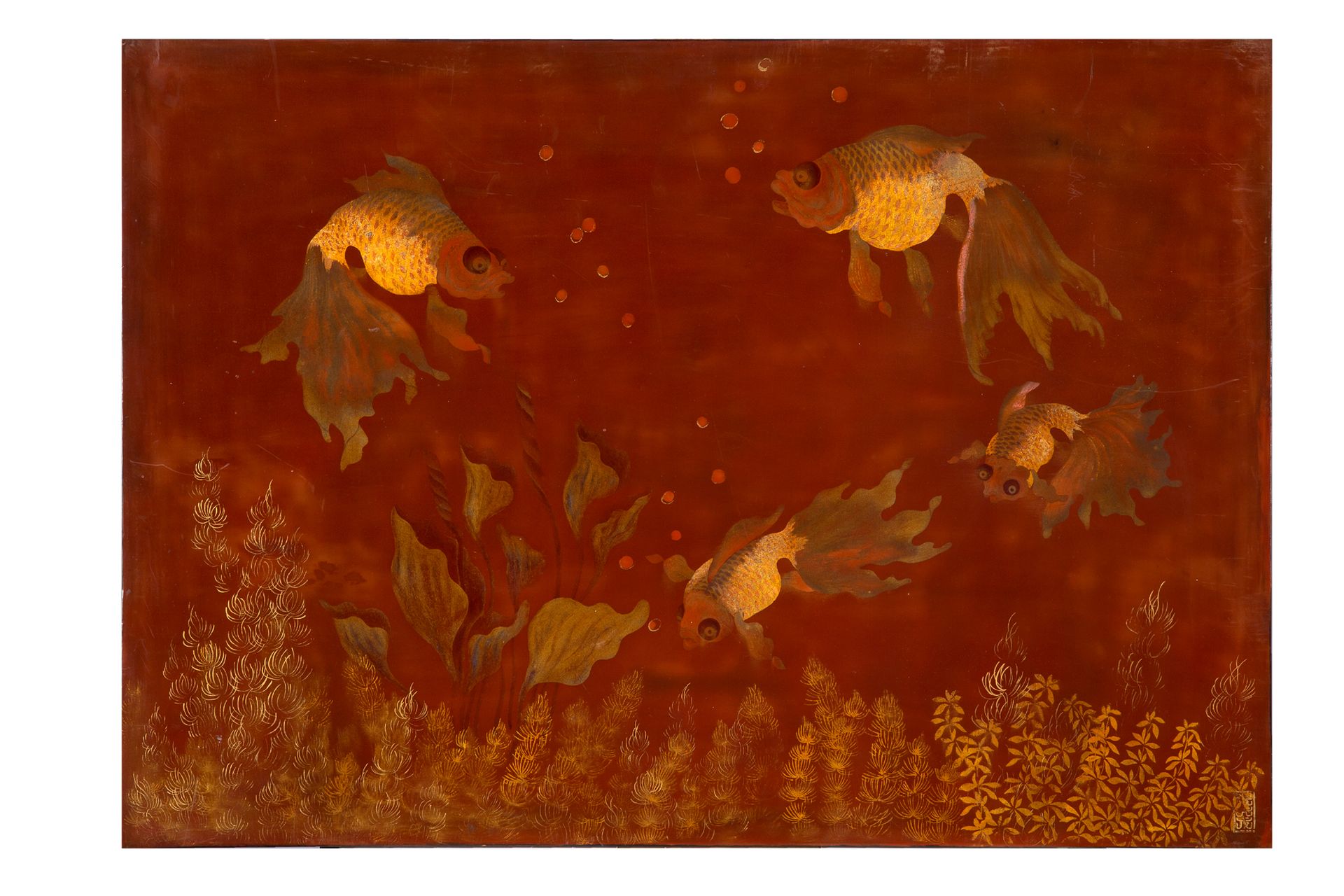 Nguyễn Quang Mậu (XXe siècle) 水下背景
漆面和金色亮点，右下角有文字说明
49,3 x 70,3 cm - 19 3/8 x 27&hellip;